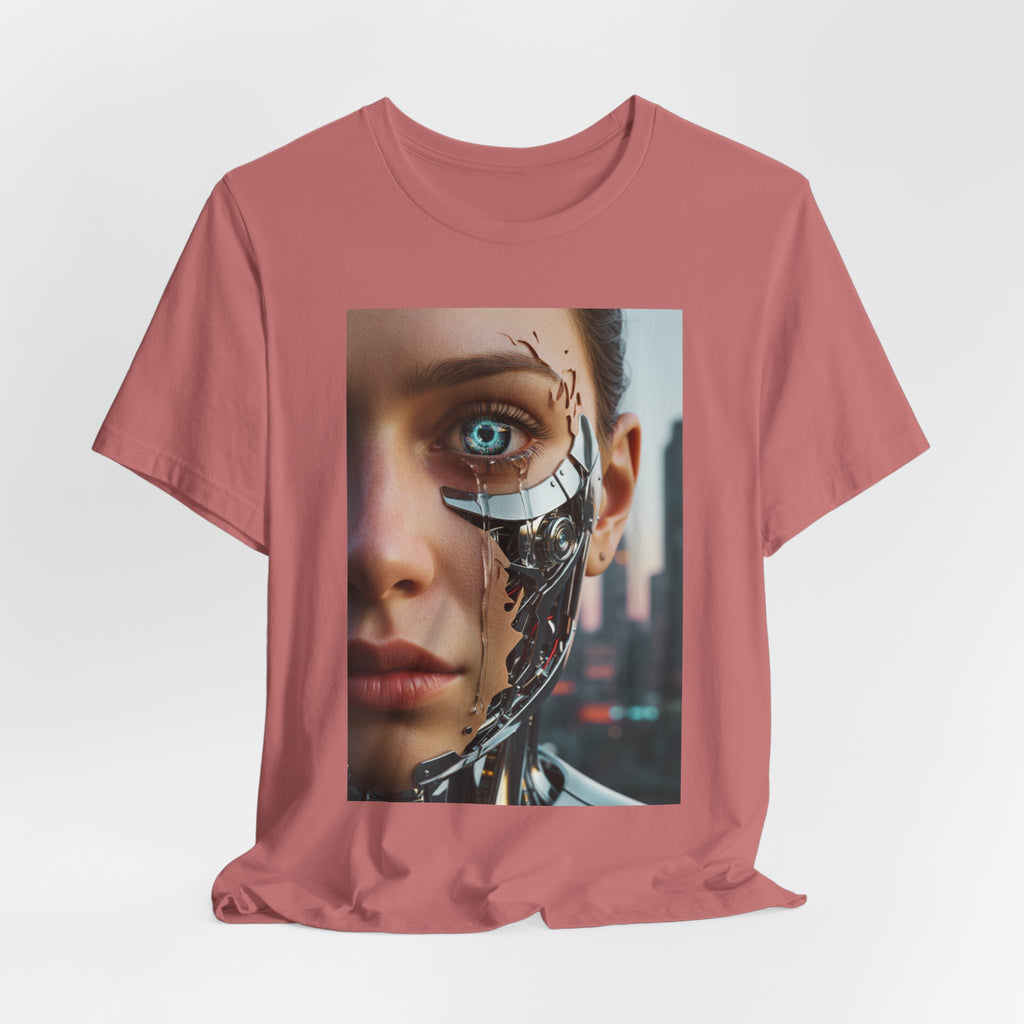 Cyborg Portrait T‑Shirt — Futuristic Android Face Graphic Tee