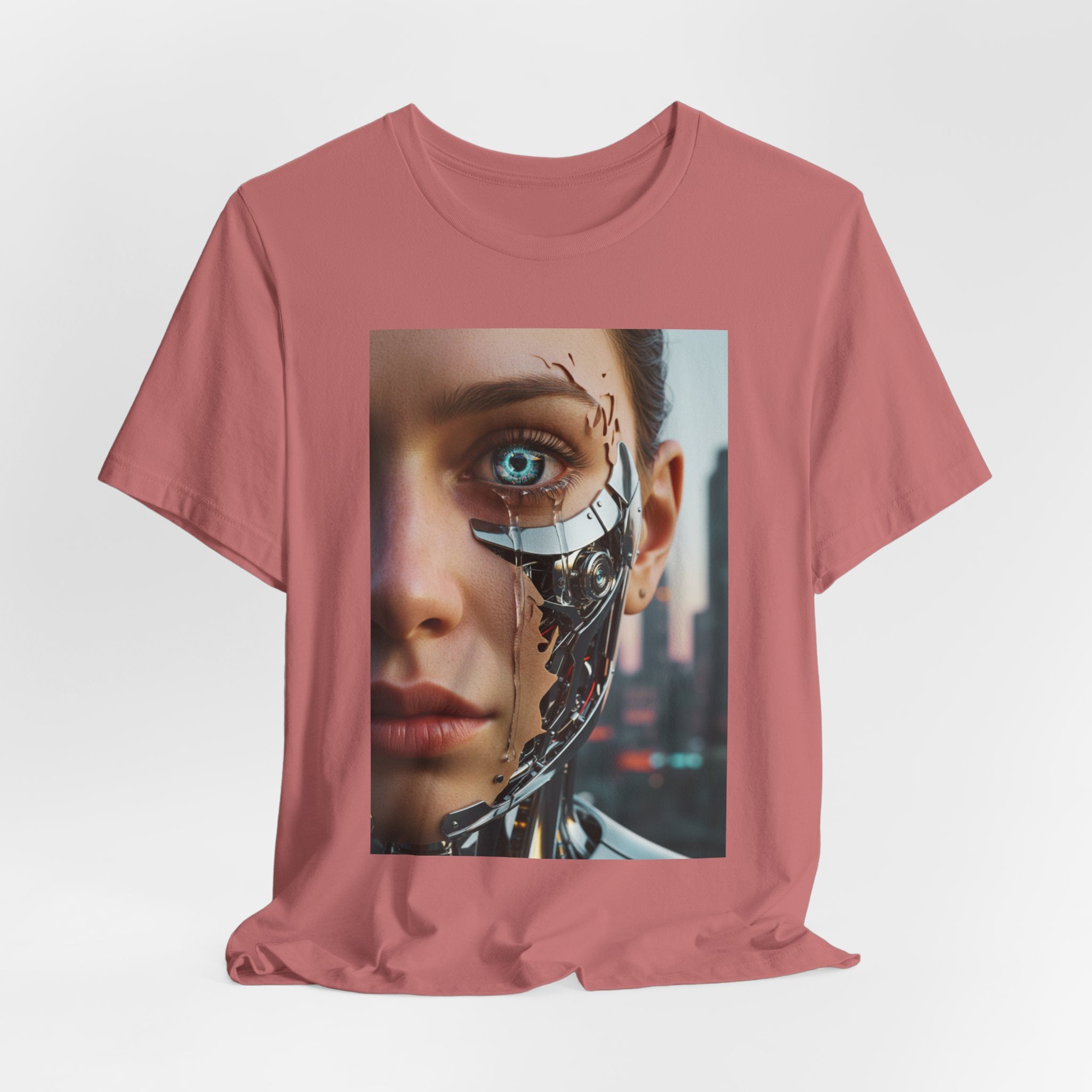Cyborg Portrait T‑Shirt — Futuristic Android Face Graphic Tee