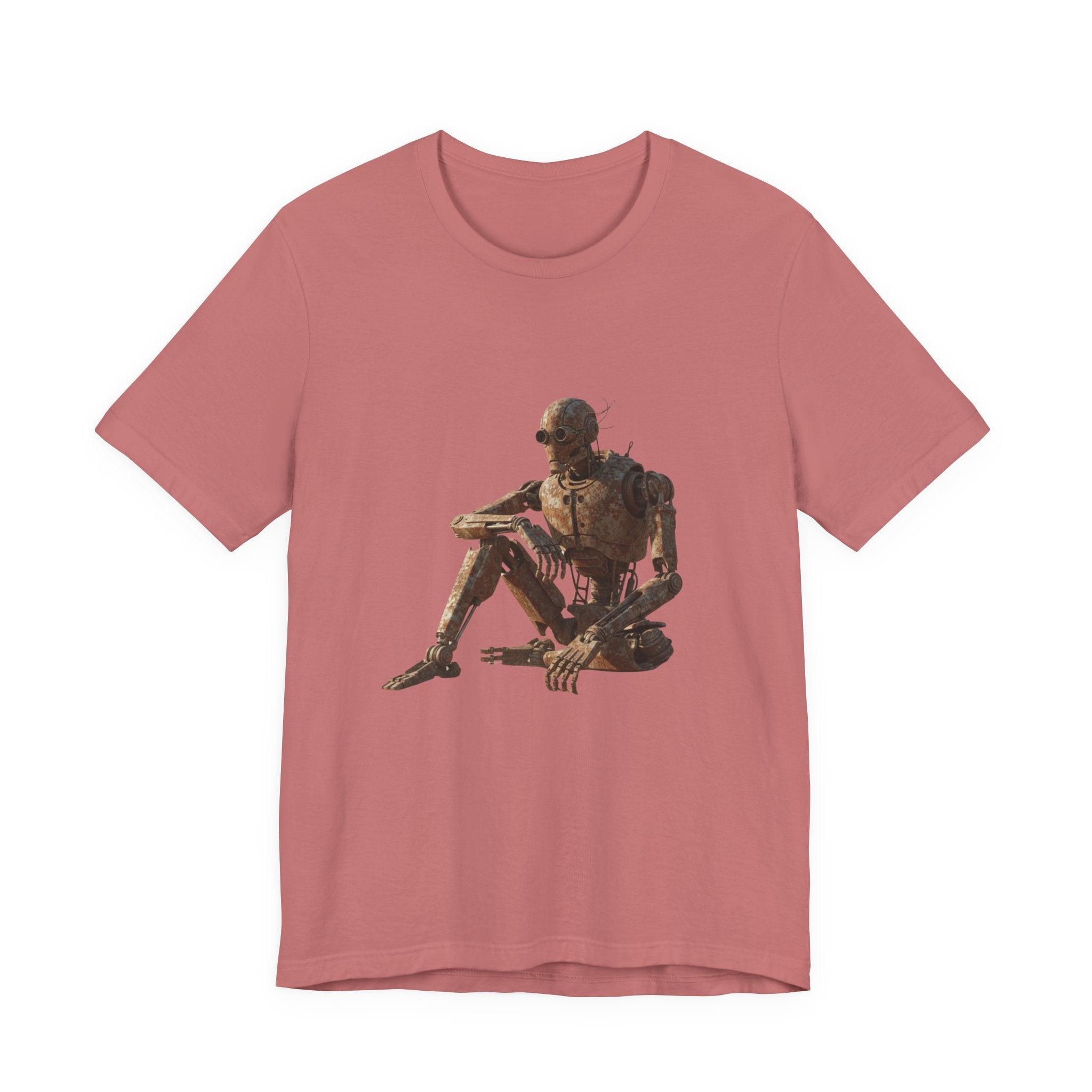 Rustic Robot Art Tee — Sitting Cyborg Graphic T-Shirt