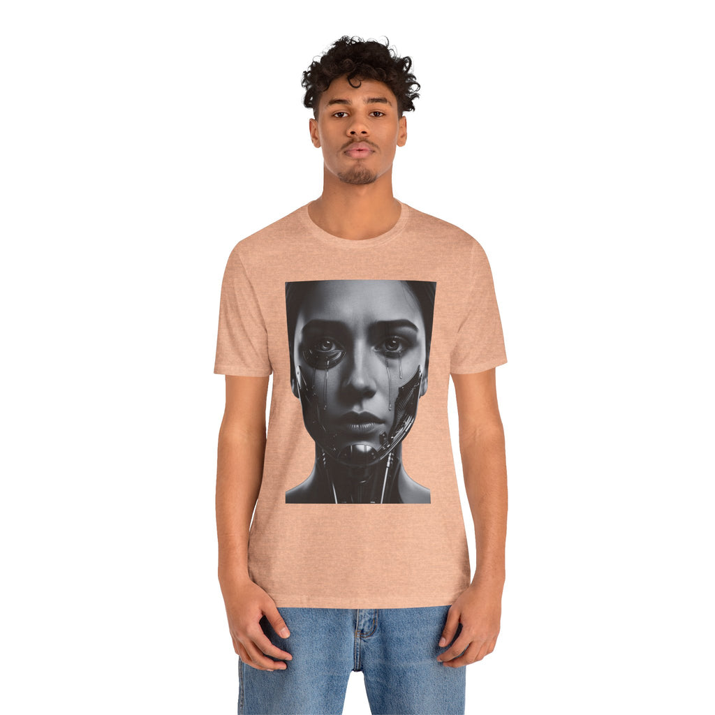 Cybernetic Woman Portrait Tee — Futuristic Black & White Sci‑Fi Face Graphic T-Shirt