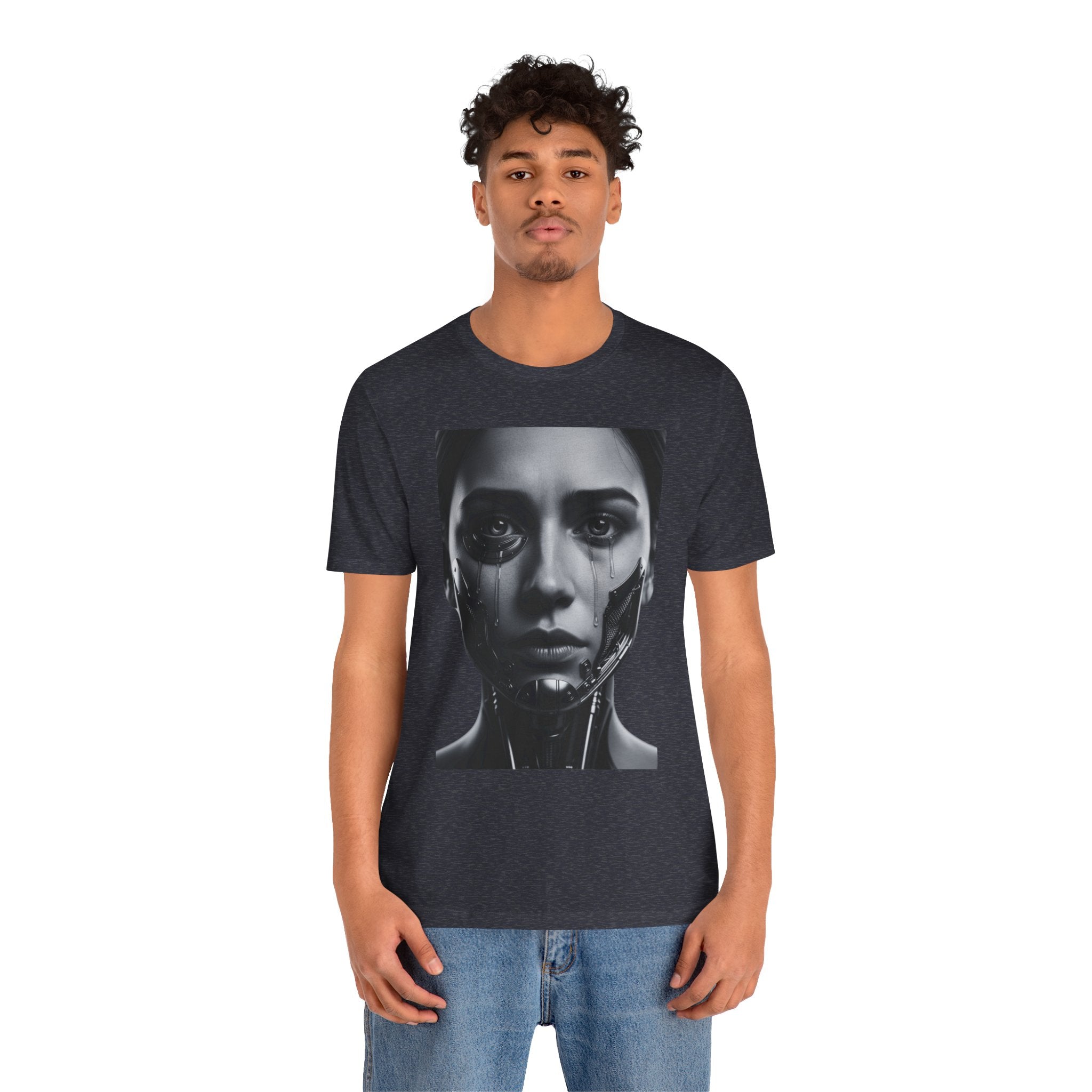 Cybernetic Woman Portrait Tee — Futuristic Black & White Sci‑Fi Face Graphic T-Shirt