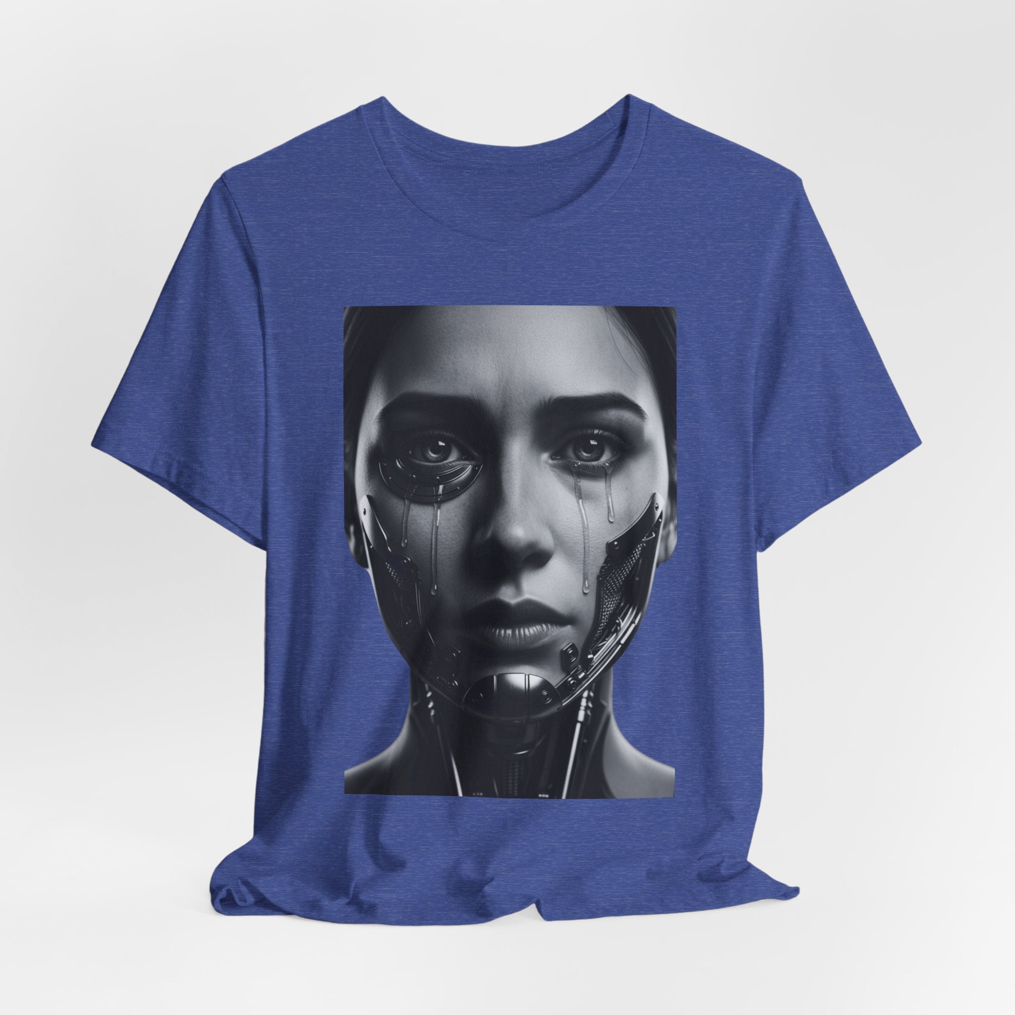 Cybernetic Woman Portrait Tee — Futuristic Black & White Sci‑Fi Face Graphic T-Shirt