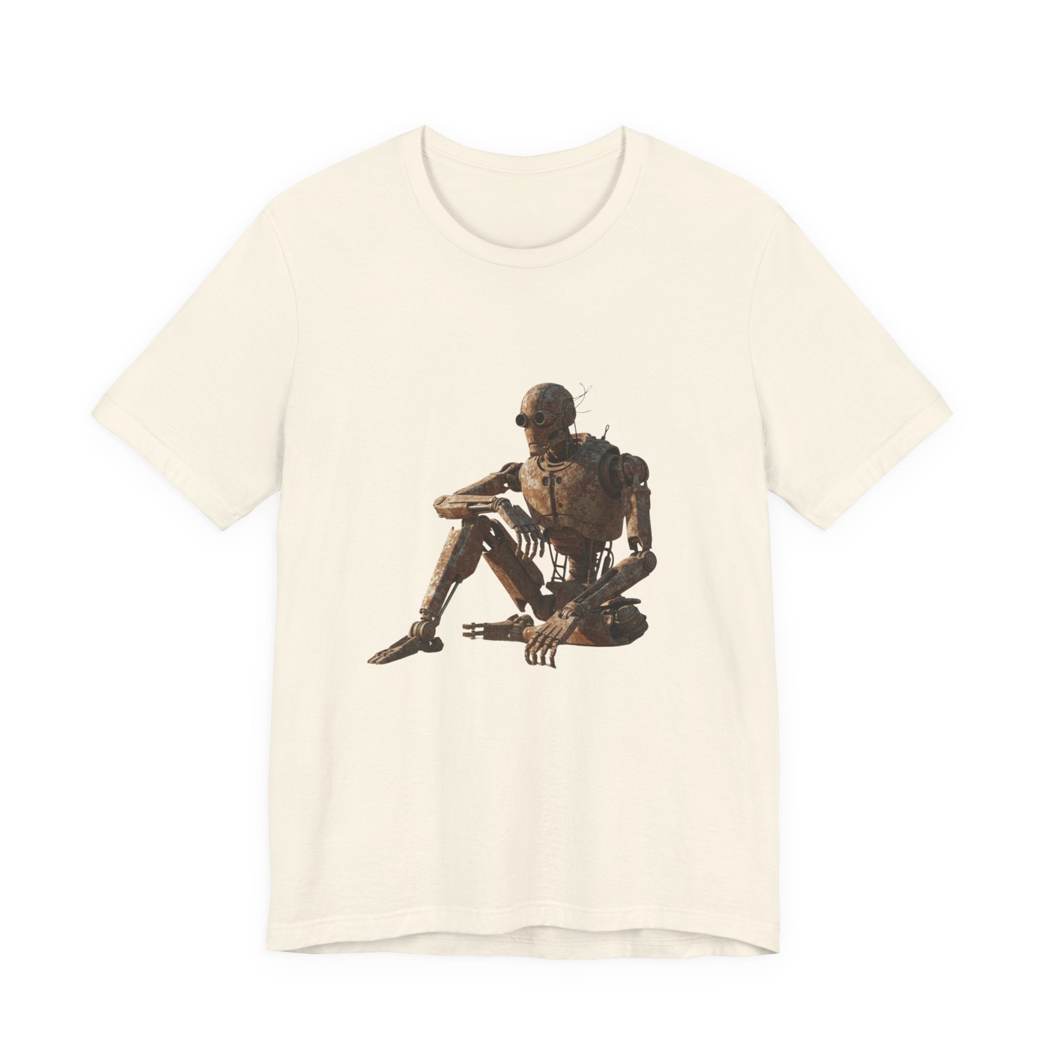 Rustic Robot Art Tee — Sitting Cyborg Graphic T-Shirt