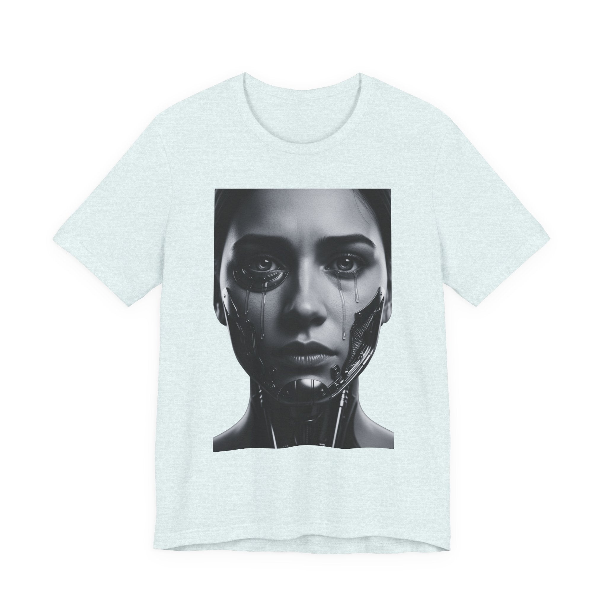 Cybernetic Woman Portrait Tee — Futuristic Black & White Sci‑Fi Face Graphic T-Shirt