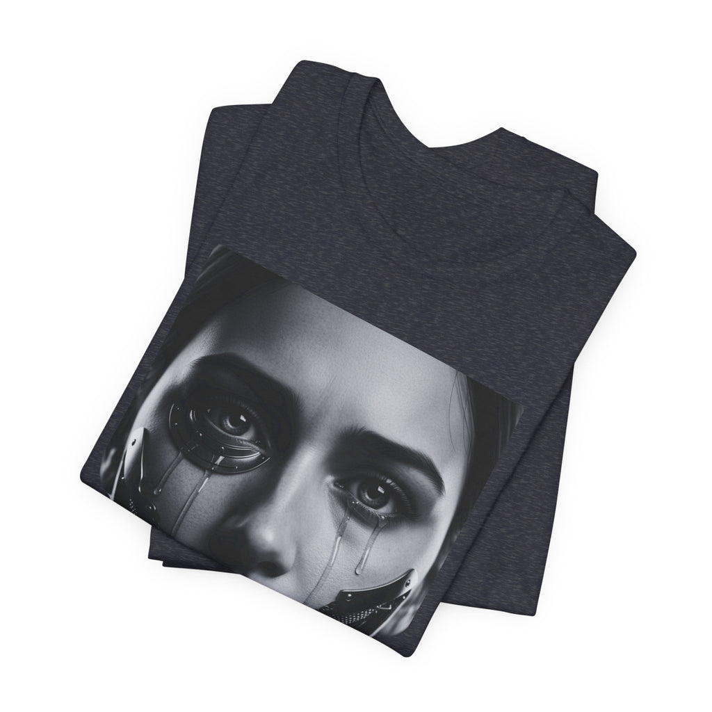 Cybernetic Woman Portrait Tee — Futuristic Black & White Sci‑Fi Face Graphic T-Shirt