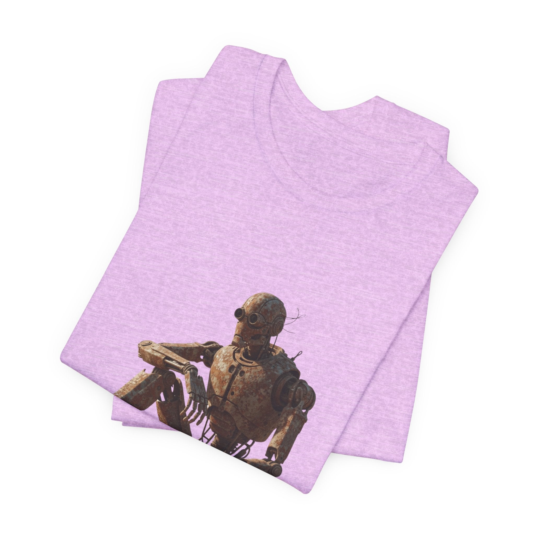 Rustic Robot Art Tee — Sitting Cyborg Graphic T-Shirt