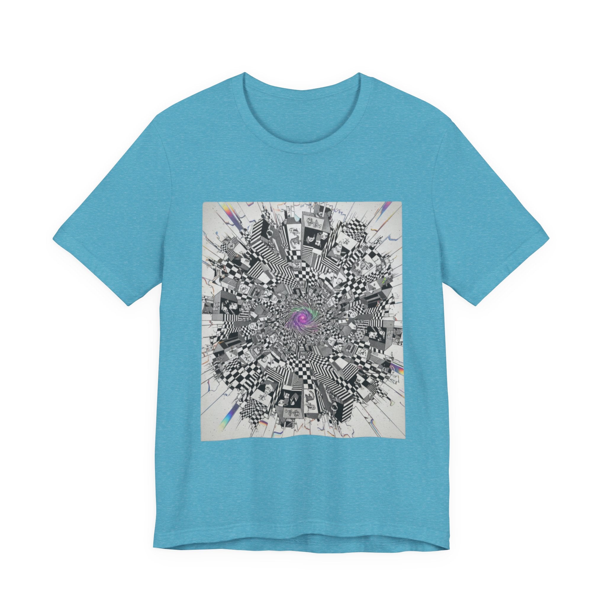 Psychedelic Cityscape Tee — Abstract Optical Art T‑Shirt with Purple Eye