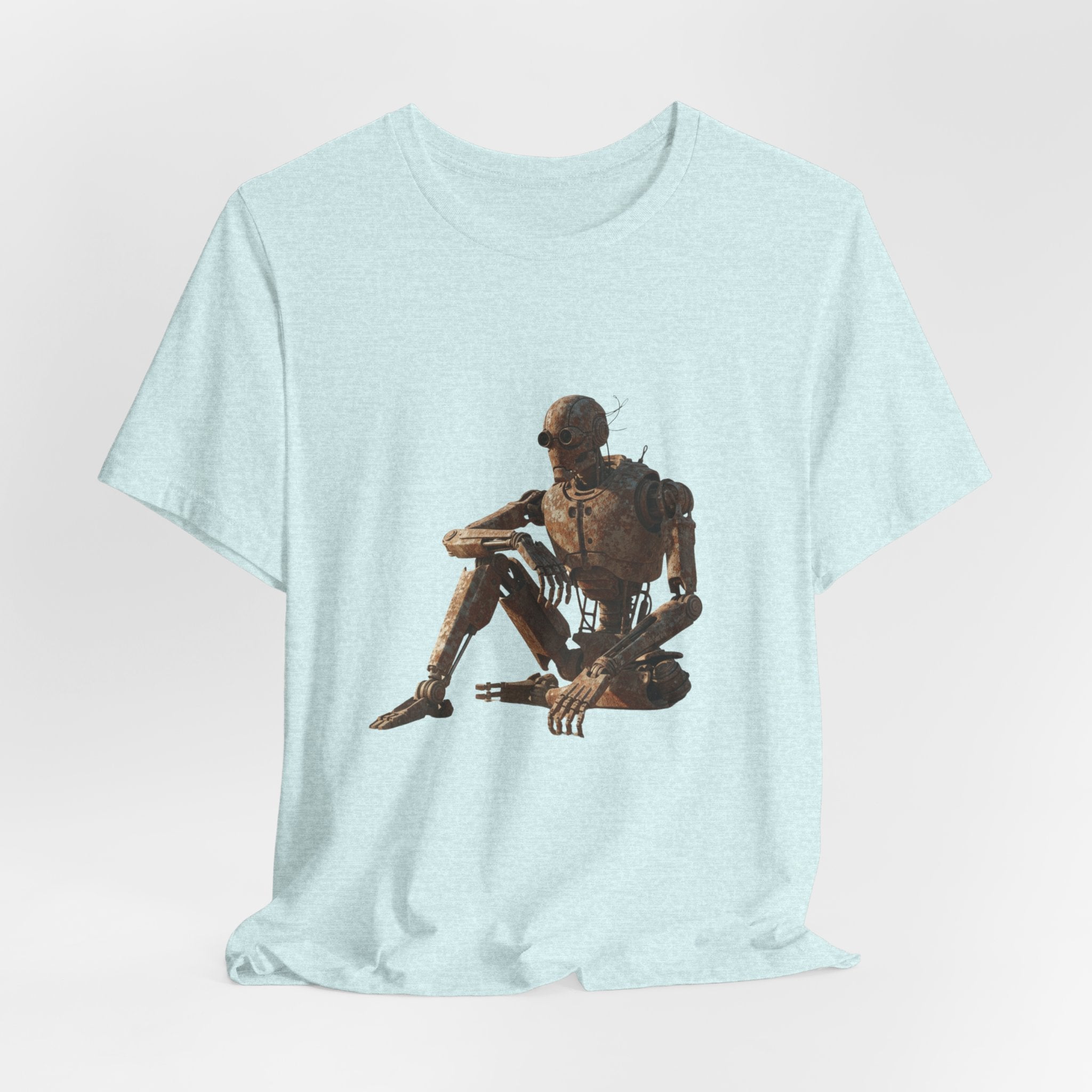 Rustic Robot Art Tee — Sitting Cyborg Graphic T-Shirt