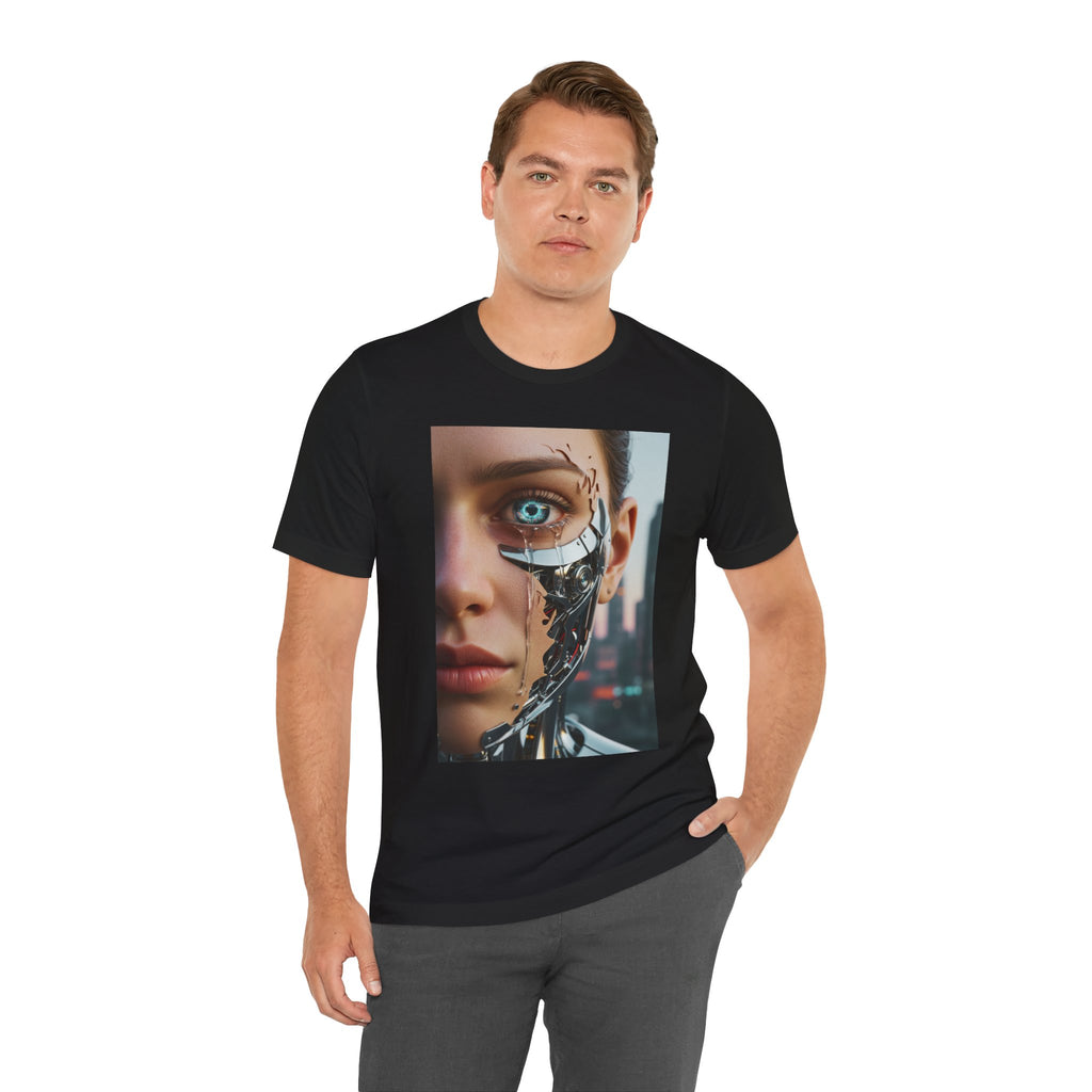 Cyborg Portrait T‑Shirt — Futuristic Android Face Graphic Tee