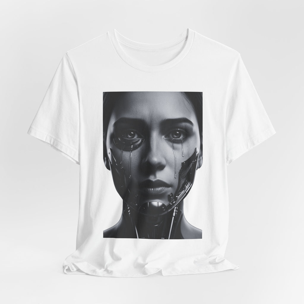 Cybernetic Woman Portrait Tee — Futuristic Black & White Sci‑Fi Face Graphic T-Shirt
