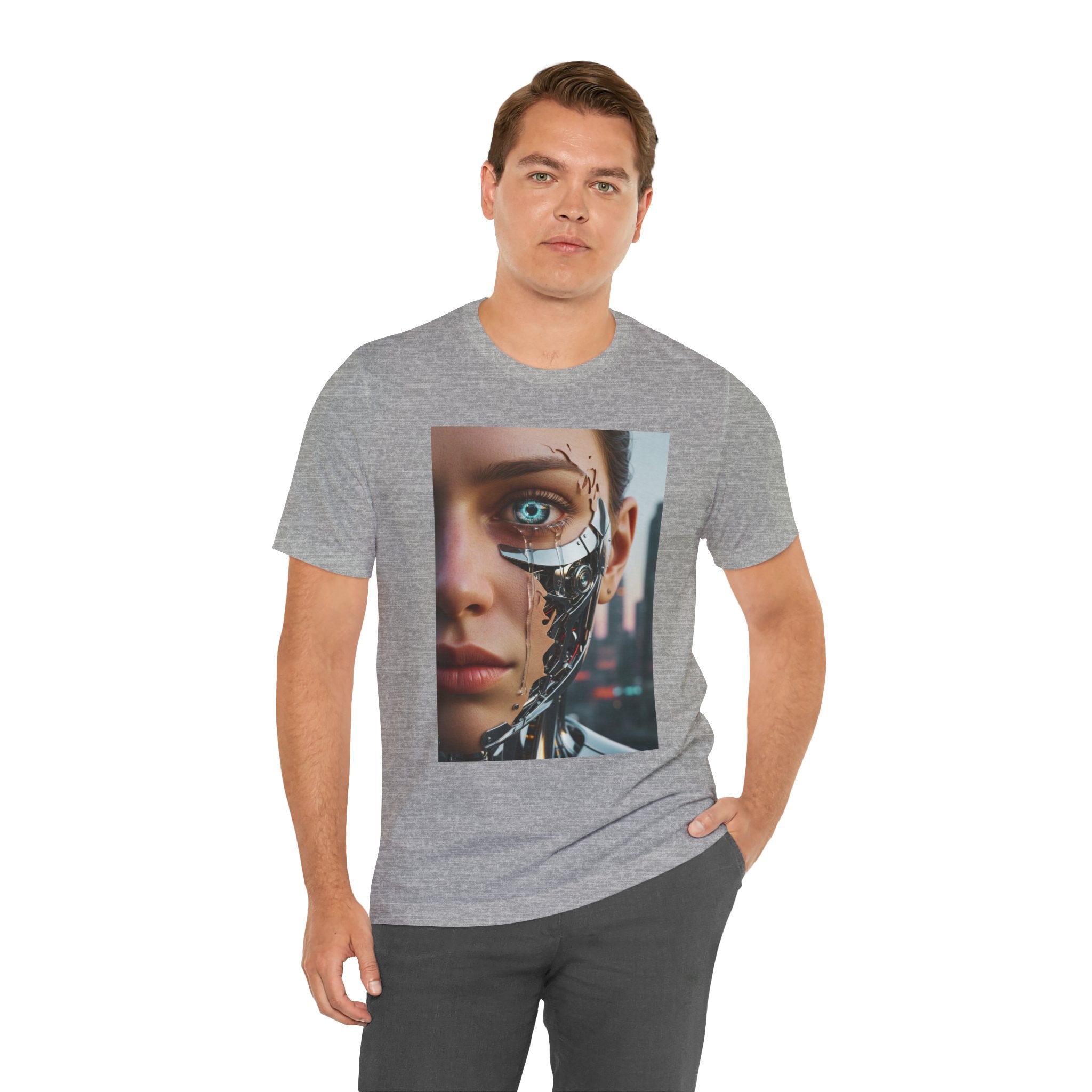Cyborg Portrait T‑Shirt — Futuristic Android Face Graphic Tee