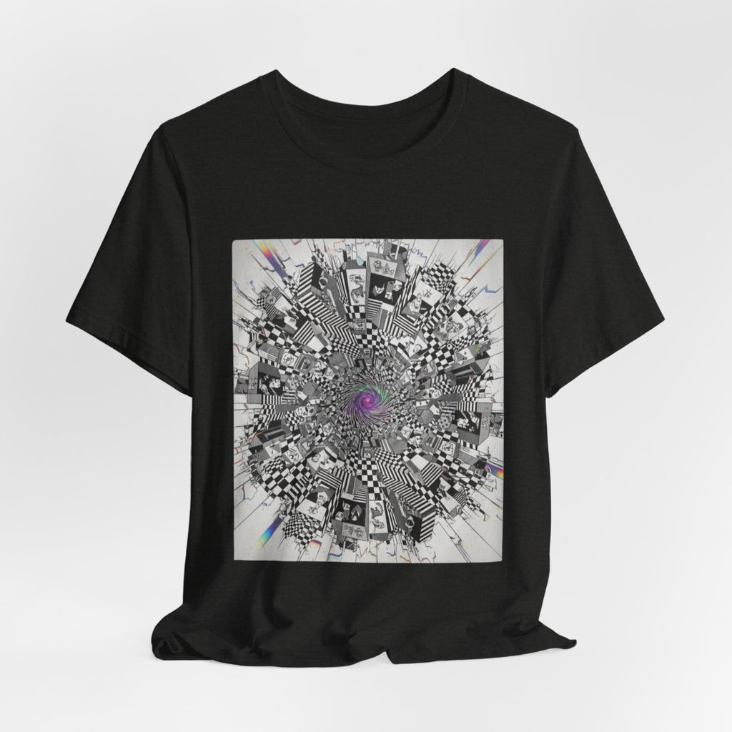 Psychedelic Cityscape Tee — Abstract Optical Art T‑Shirt with Purple Eye