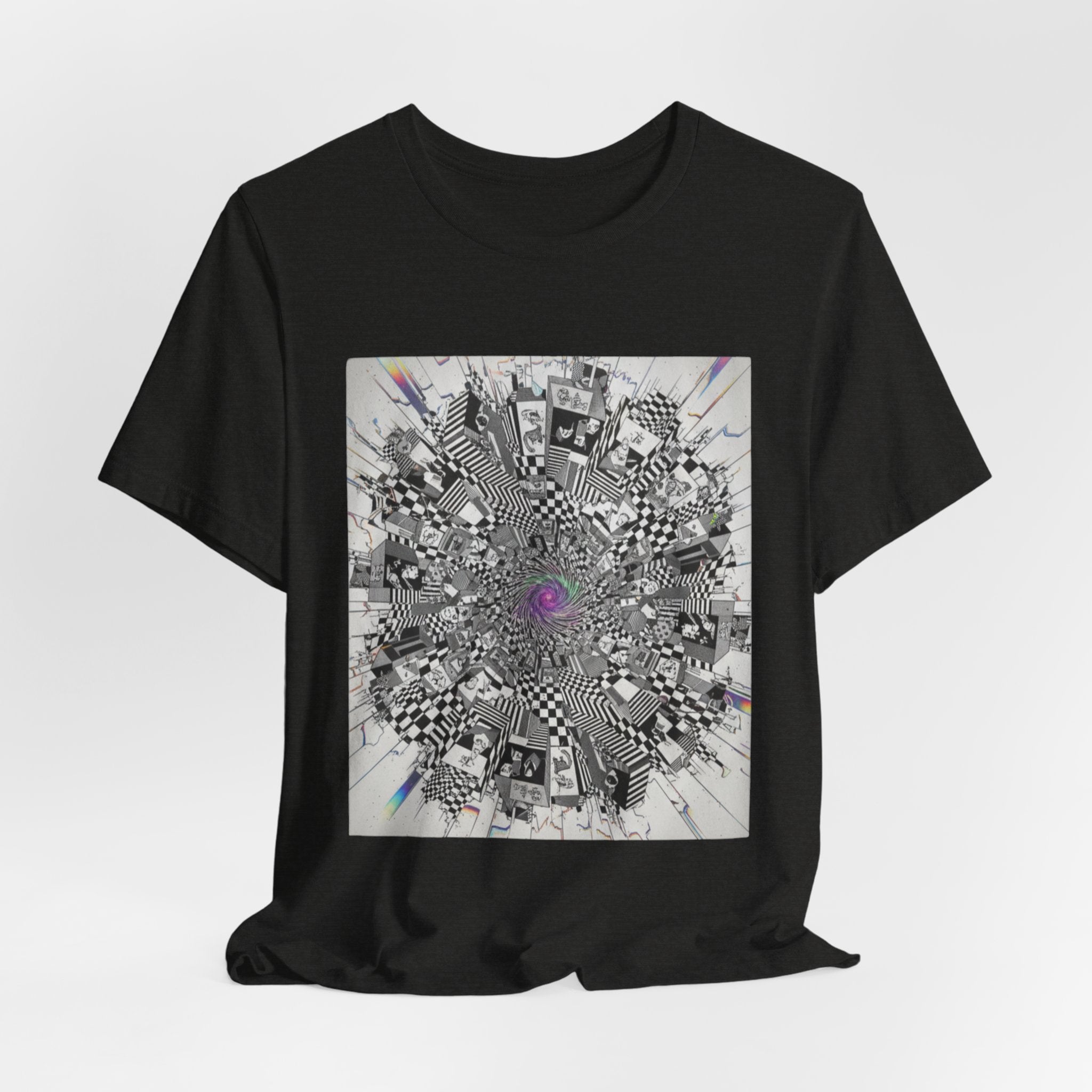 Psychedelic Cityscape Tee — Abstract Optical Art T‑Shirt with Purple Eye