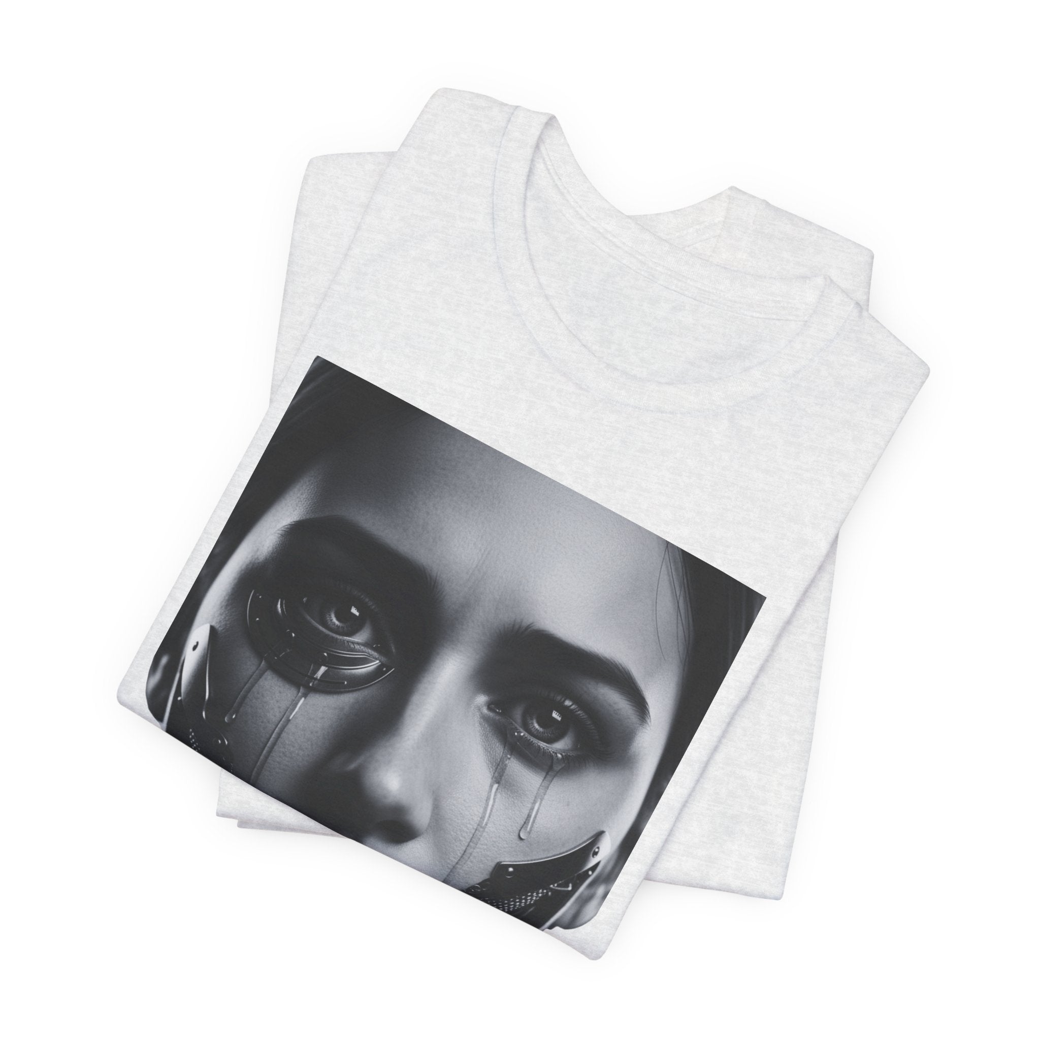 Cybernetic Woman Portrait Tee — Futuristic Black & White Sci‑Fi Face Graphic T-Shirt