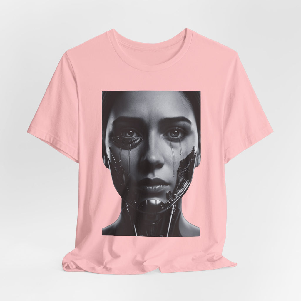 Cybernetic Woman Portrait Tee — Futuristic Black & White Sci‑Fi Face Graphic T-Shirt