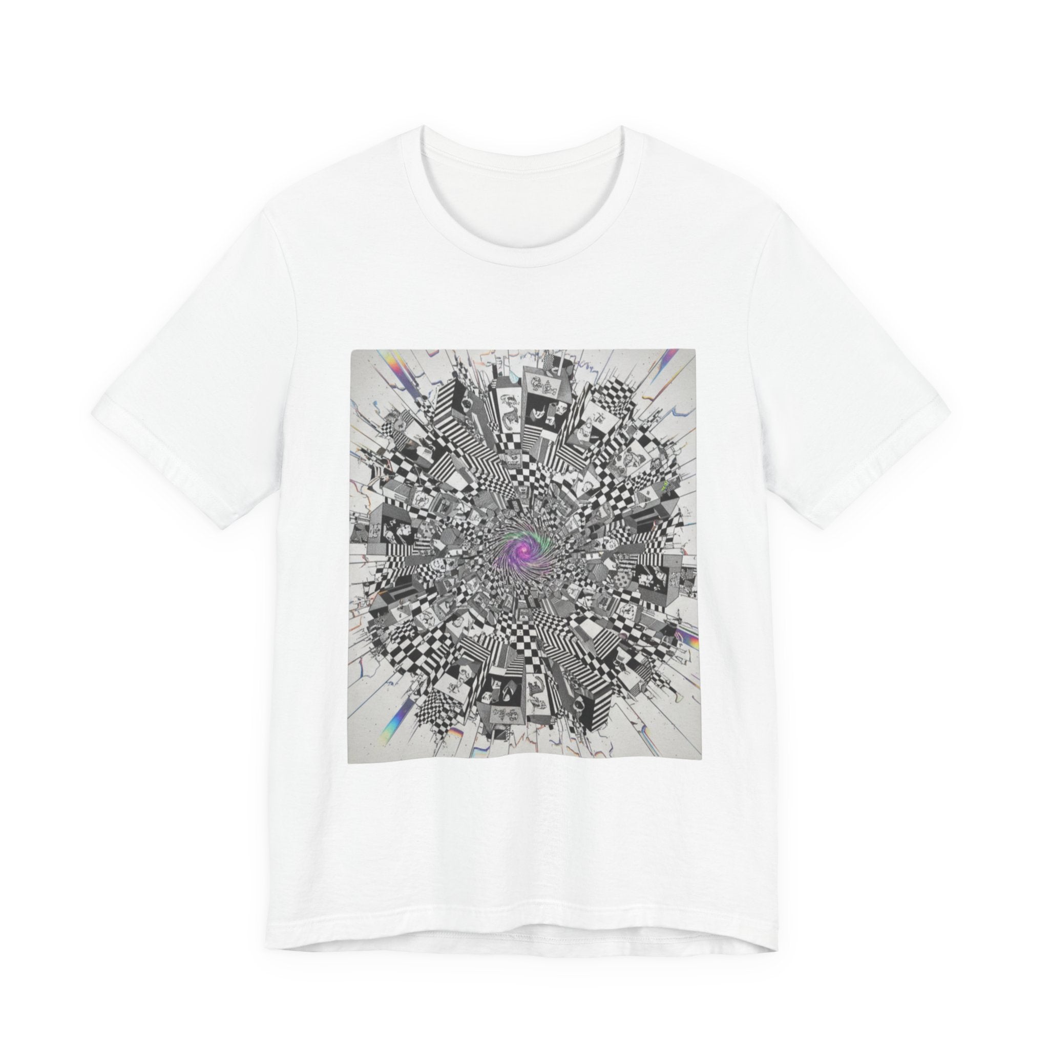 Psychedelic Cityscape Tee — Abstract Optical Art T‑Shirt with Purple Eye