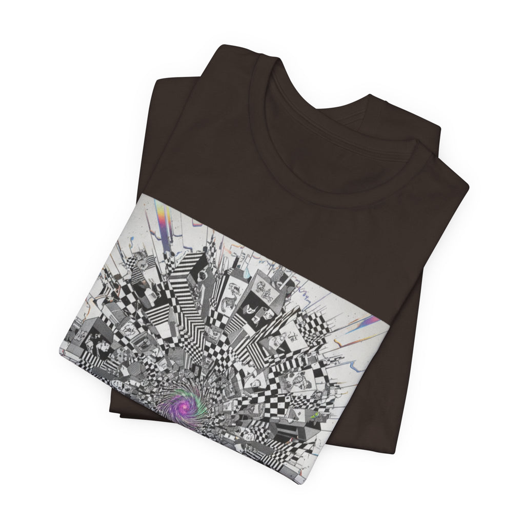 Psychedelic Cityscape Tee — Abstract Optical Art T‑Shirt with Purple Eye