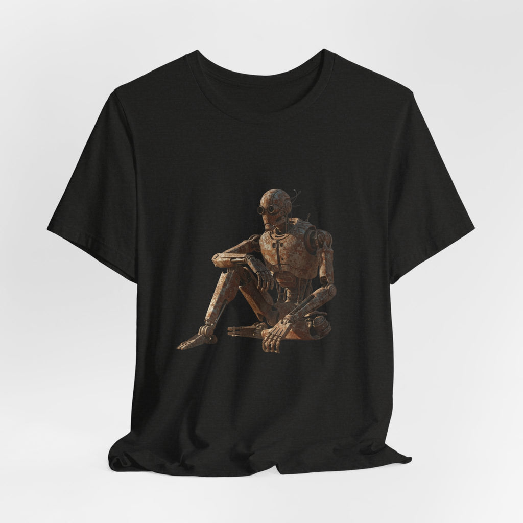 Rustic Robot Art Tee — Sitting Cyborg Graphic T-Shirt