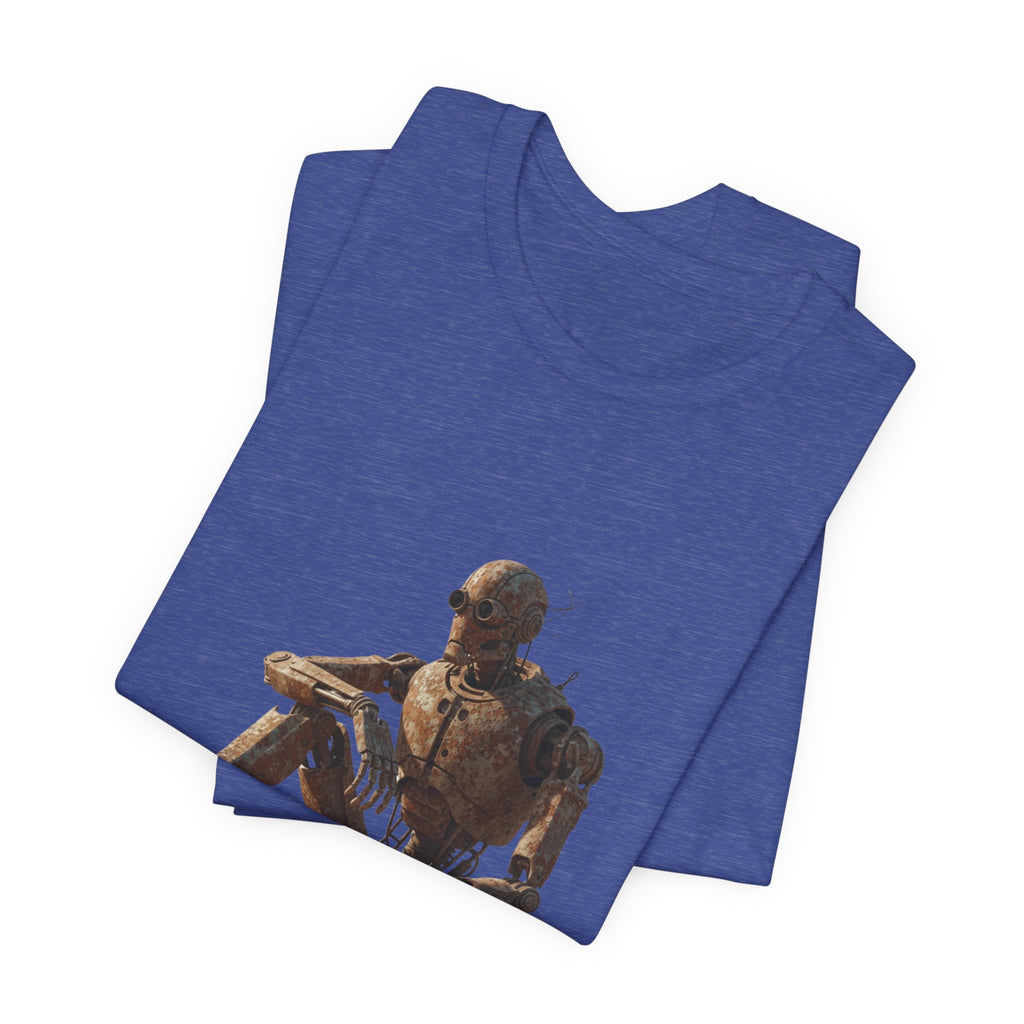 Rustic Robot Art Tee — Sitting Cyborg Graphic T-Shirt