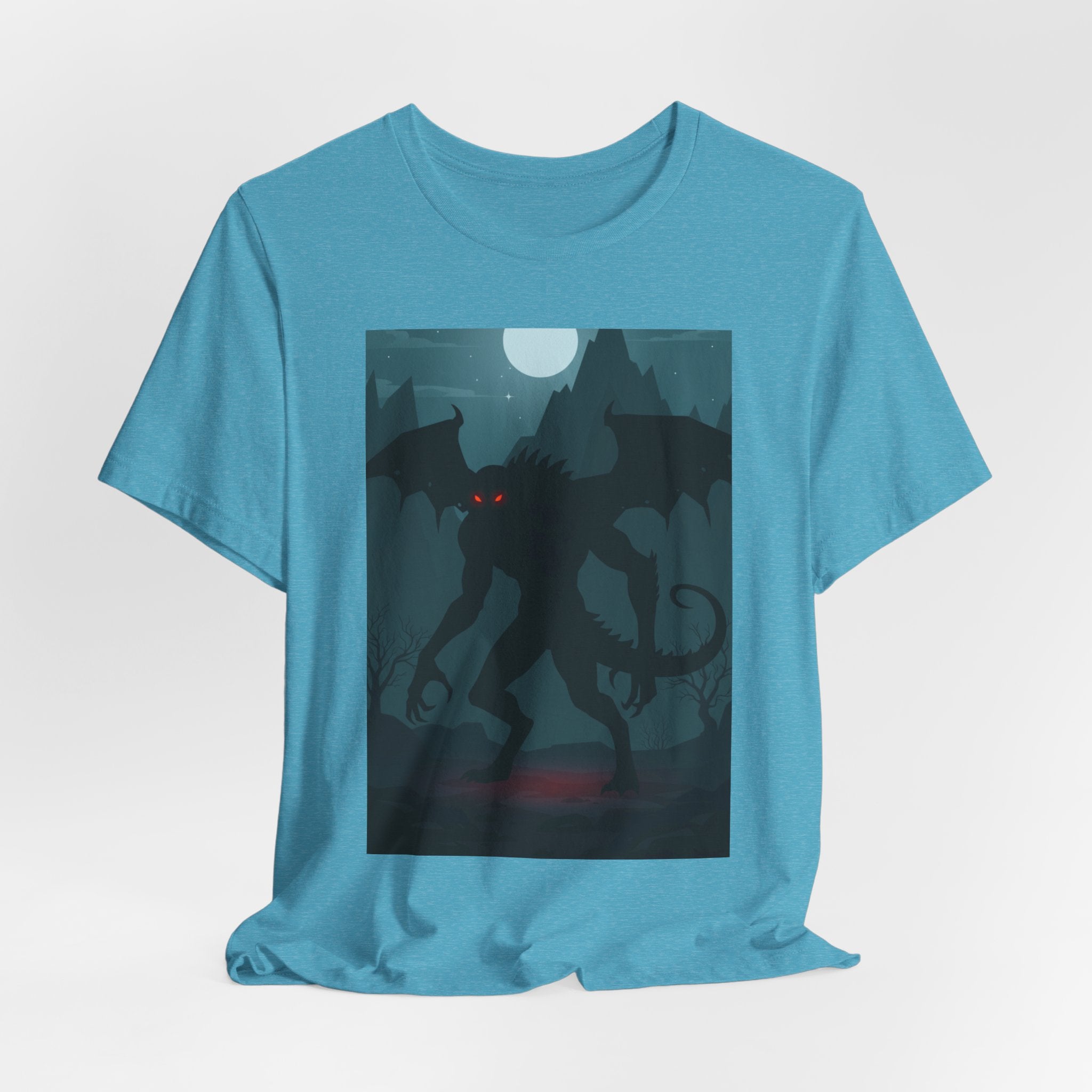Cthulhu Nightscape T-Shirt — Lovecraftian Monster Tee with Glowing Red Eyes