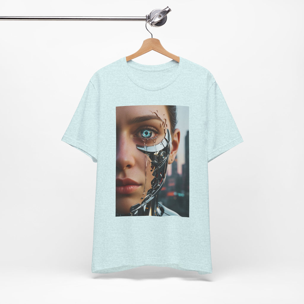 Cyborg Portrait T‑Shirt — Futuristic Android Face Graphic Tee