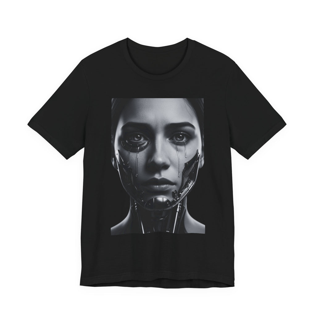 Cybernetic Woman Portrait Tee — Futuristic Black & White Sci‑Fi Face Graphic T-Shirt