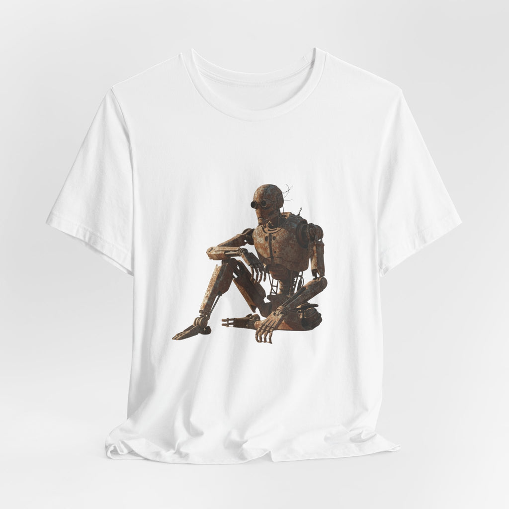 Rustic Robot Art Tee — Sitting Cyborg Graphic T-Shirt