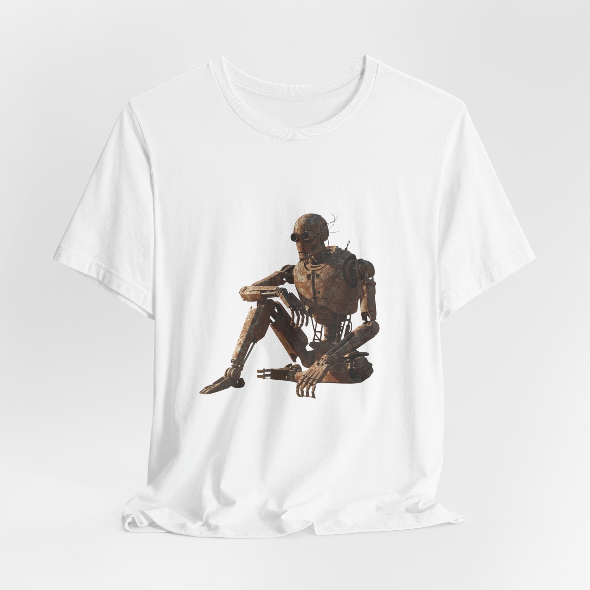 Rustic Robot Art Tee — Sitting Cyborg Graphic T-Shirt