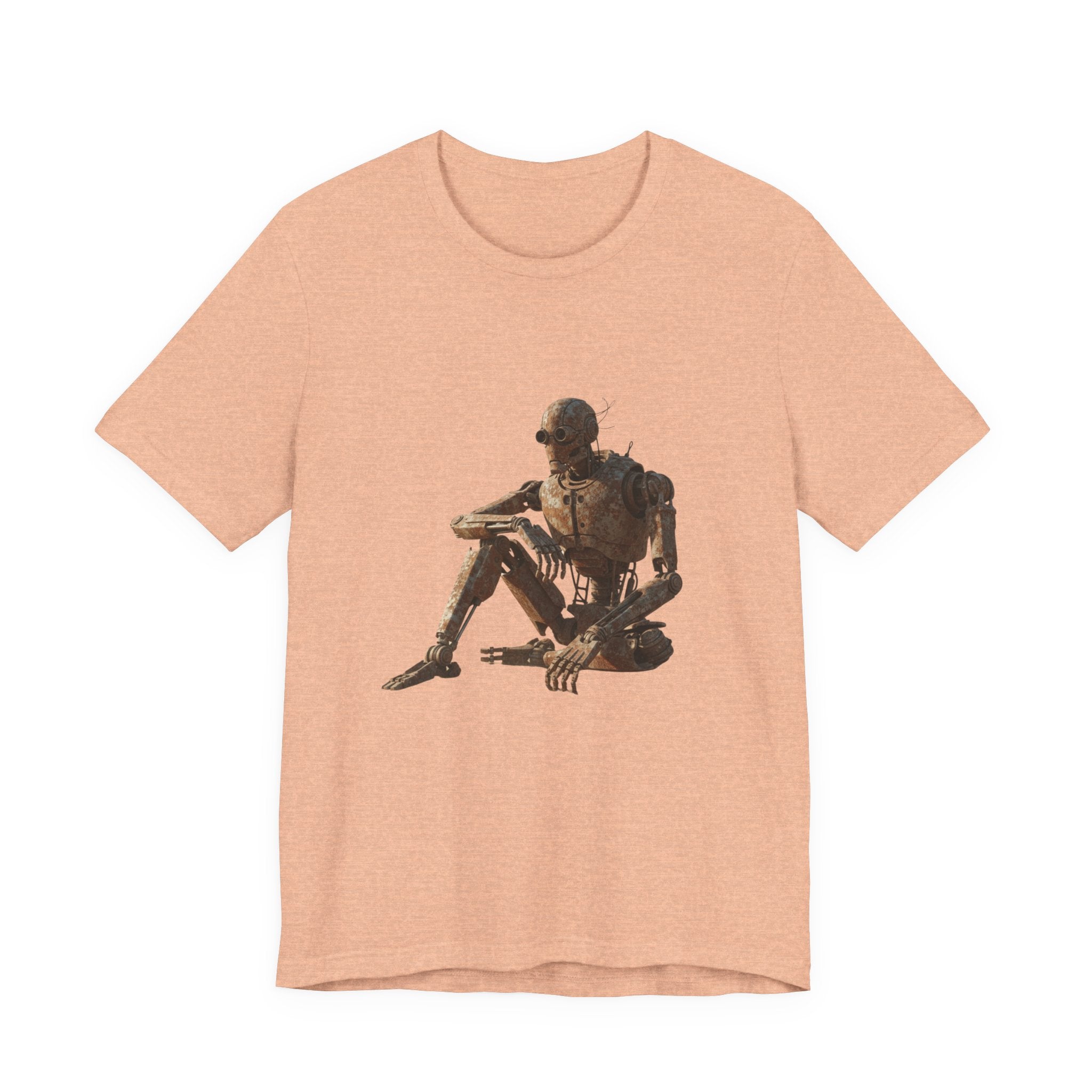 Rustic Robot Art Tee — Sitting Cyborg Graphic T-Shirt