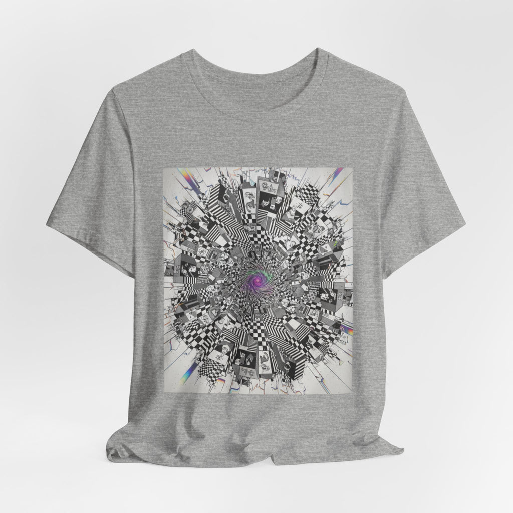 Psychedelic Cityscape Tee — Abstract Optical Art T‑Shirt with Purple Eye