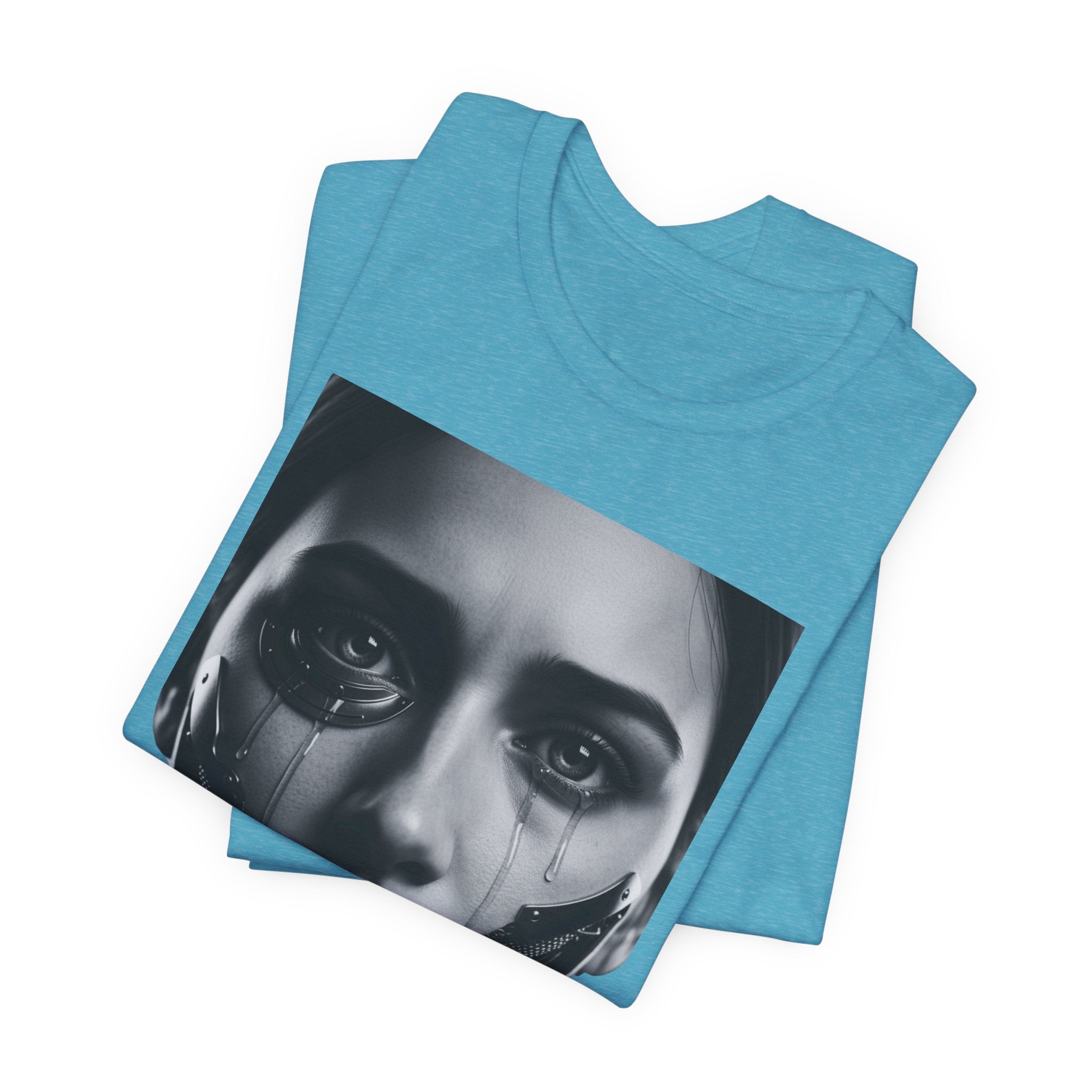 Cybernetic Woman Portrait Tee — Futuristic Black & White Sci‑Fi Face Graphic T-Shirt