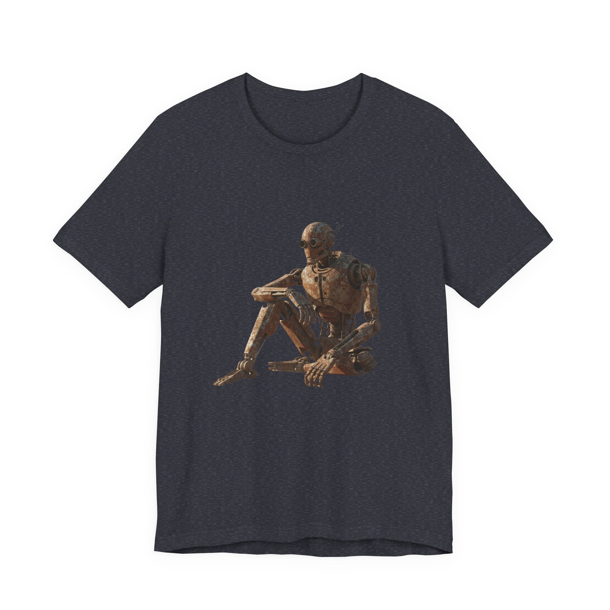 Rustic Robot Art Tee — Sitting Cyborg Graphic T-Shirt