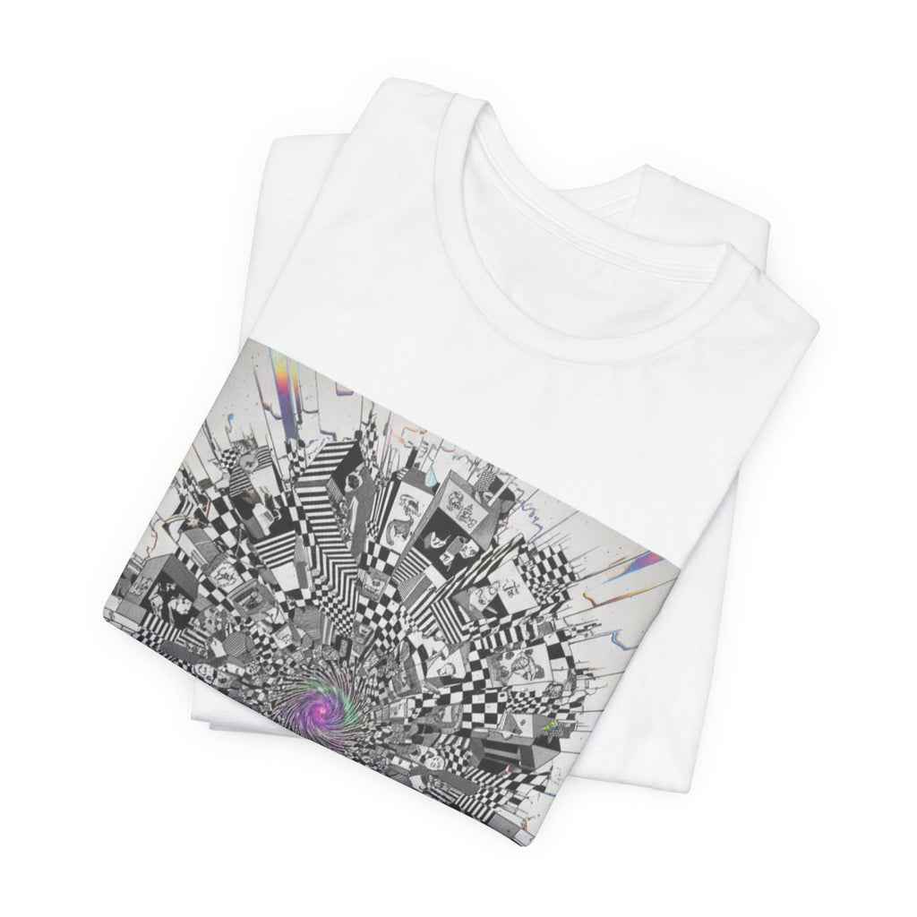 Psychedelic Cityscape Tee — Abstract Optical Art T‑Shirt with Purple Eye