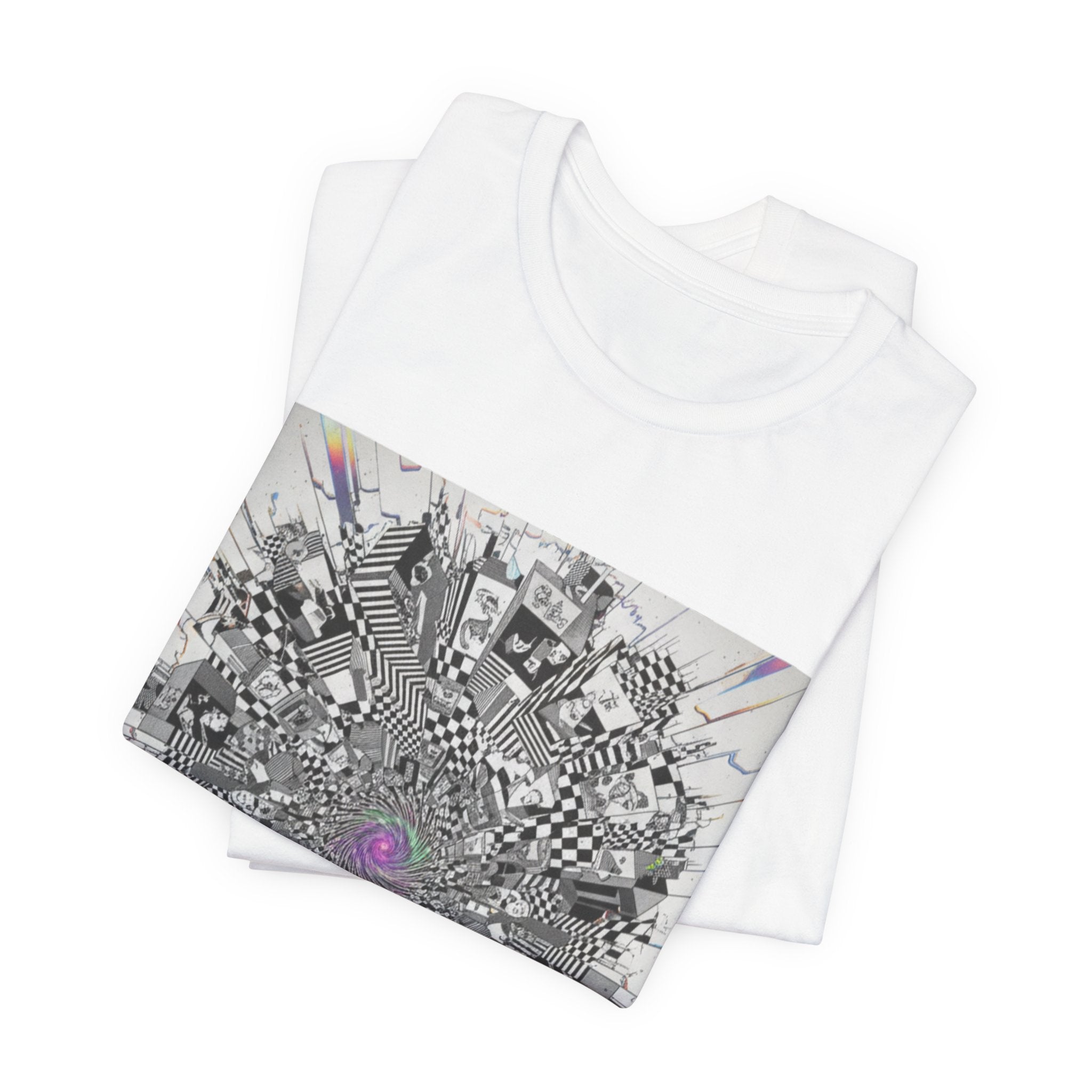 Psychedelic Cityscape Tee — Abstract Optical Art T‑Shirt with Purple Eye