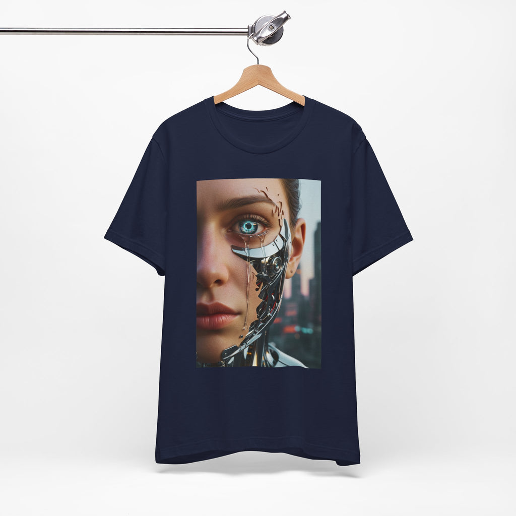 Cyborg Portrait T‑Shirt — Futuristic Android Face Graphic Tee