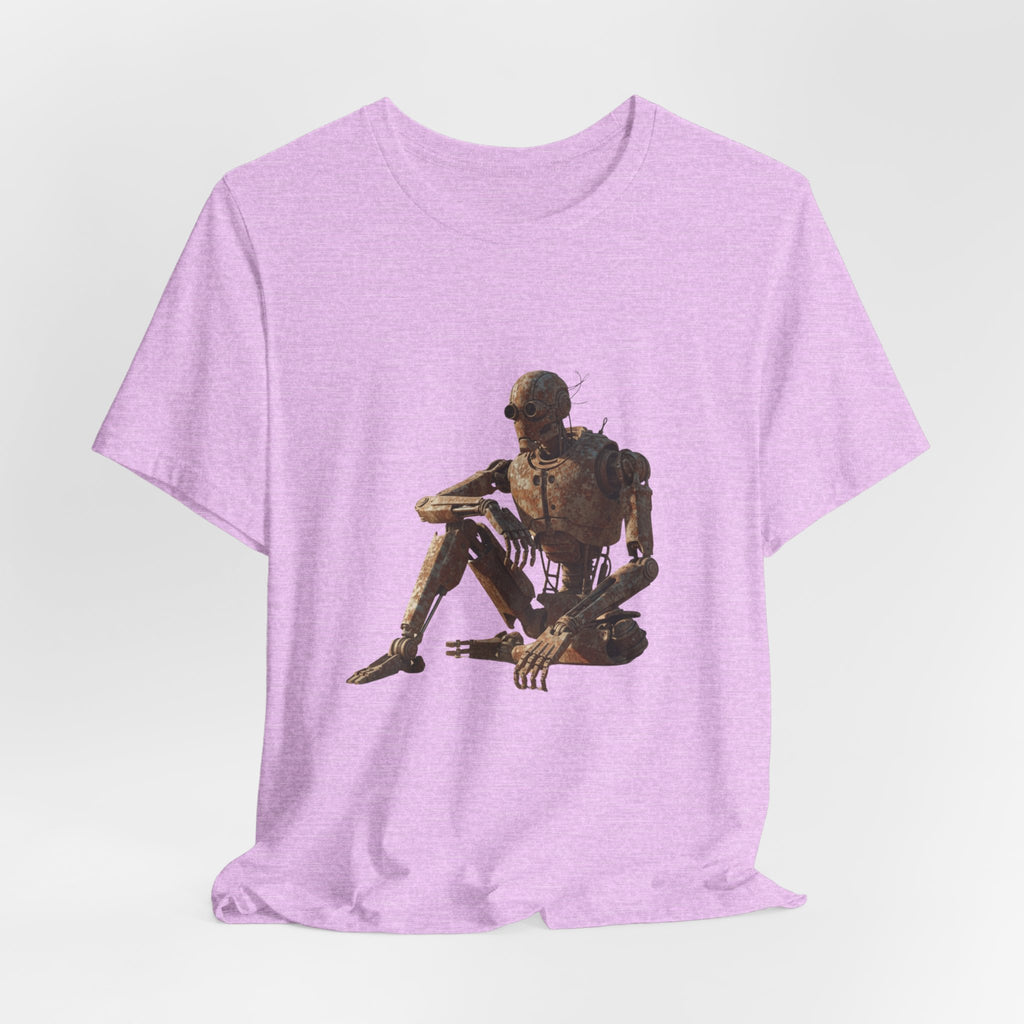 Rustic Robot Art Tee — Sitting Cyborg Graphic T-Shirt