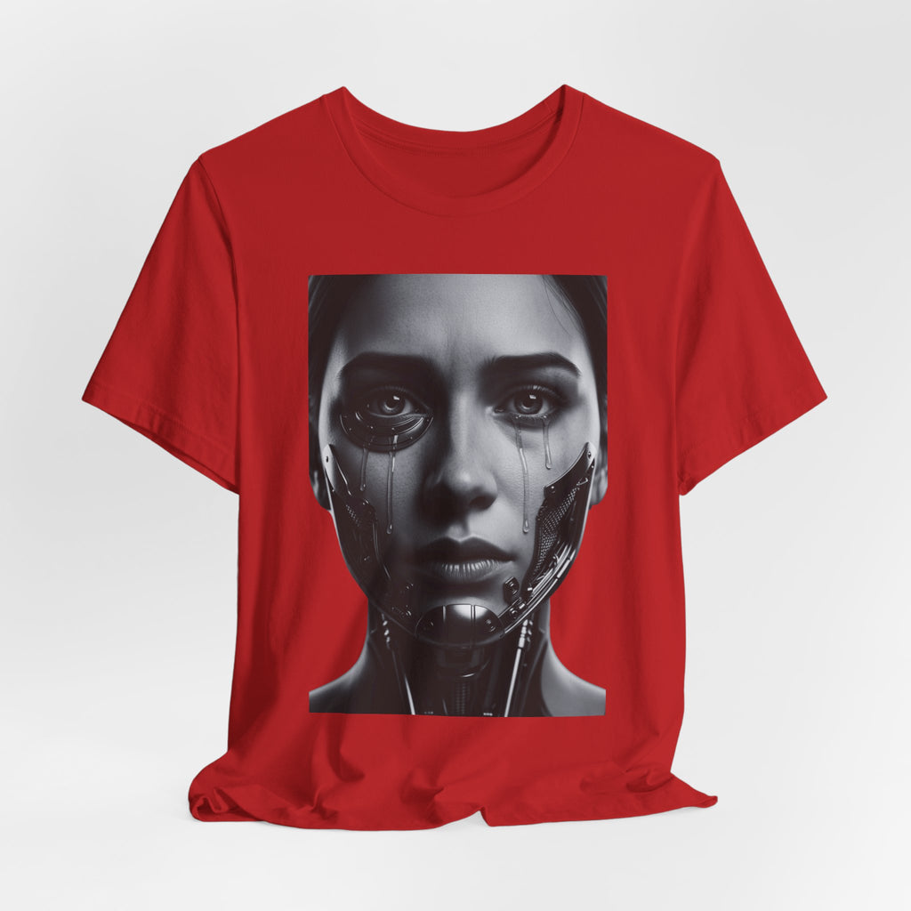 Cybernetic Woman Portrait Tee — Futuristic Black & White Sci‑Fi Face Graphic T-Shirt