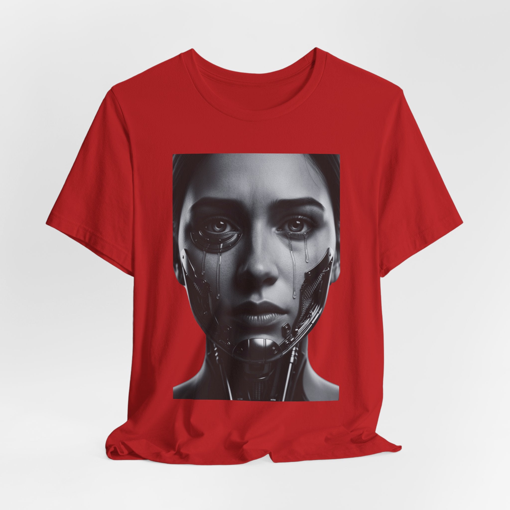 Cybernetic Woman Portrait Tee — Futuristic Black & White Sci‑Fi Face Graphic T-Shirt