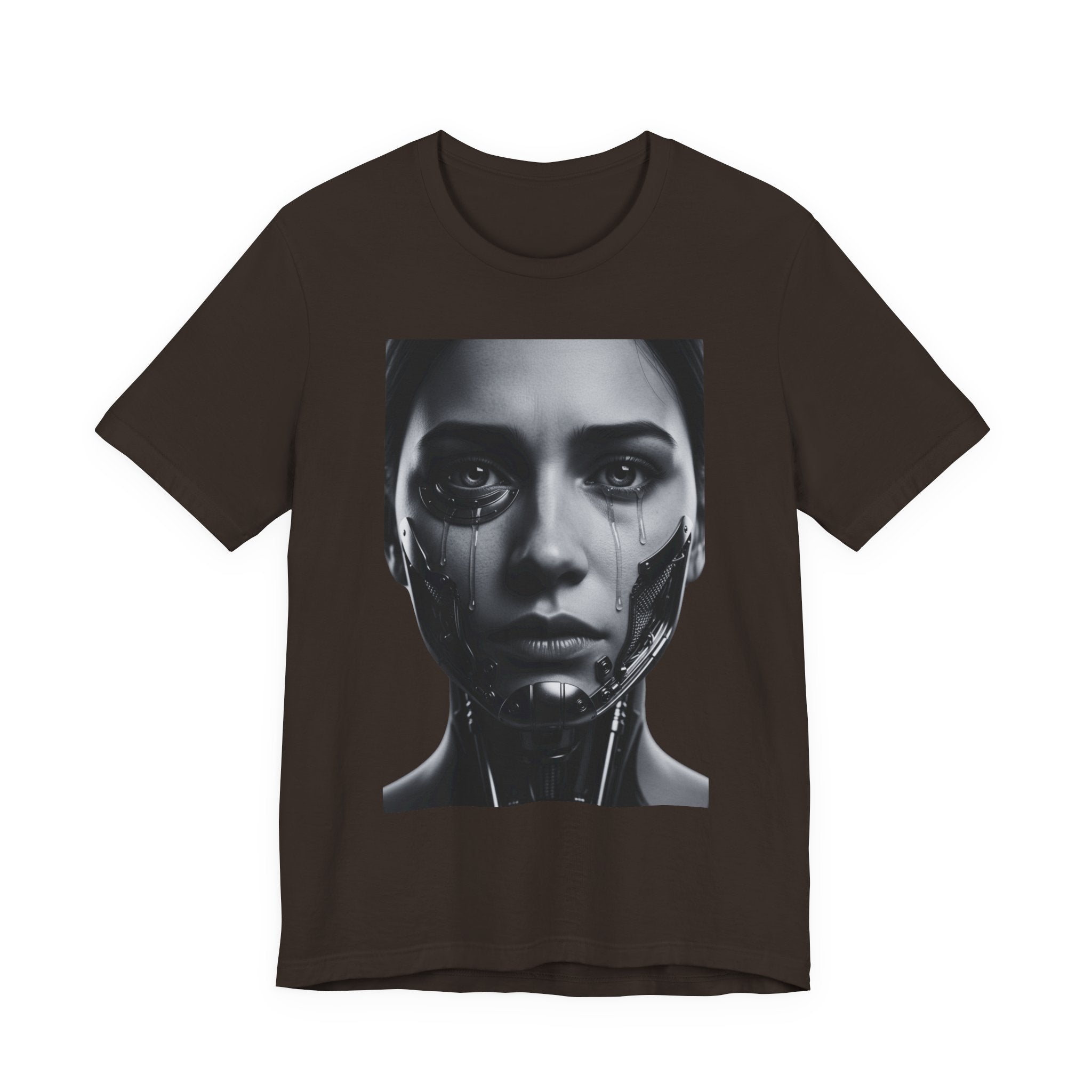 Cybernetic Woman Portrait Tee — Futuristic Black & White Sci‑Fi Face Graphic T-Shirt