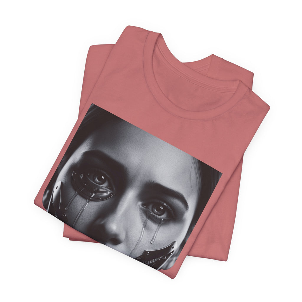 Cybernetic Woman Portrait Tee — Futuristic Black & White Sci‑Fi Face Graphic T-Shirt