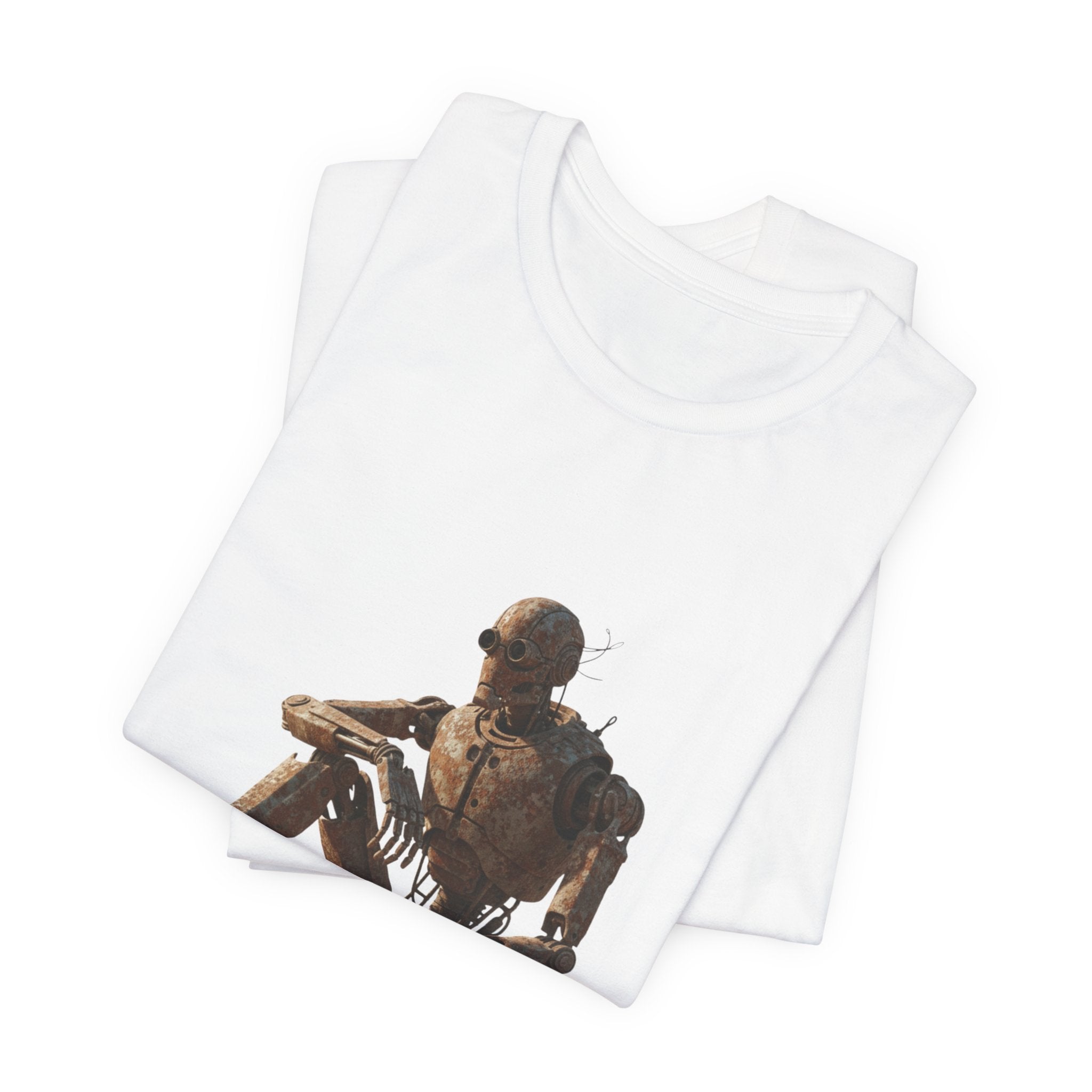 Rustic Robot Art Tee — Sitting Cyborg Graphic T-Shirt