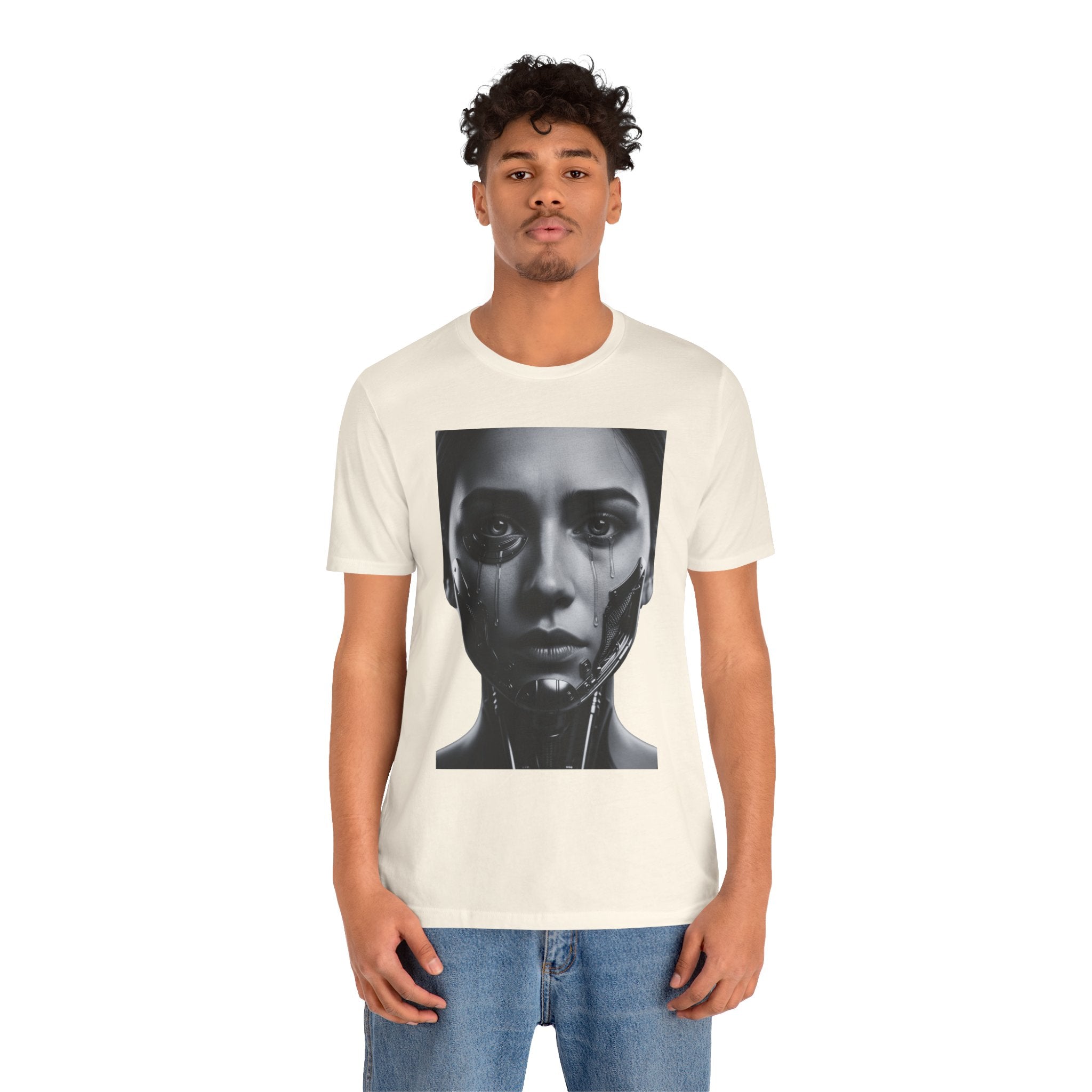 Cybernetic Woman Portrait Tee — Futuristic Black & White Sci‑Fi Face Graphic T-Shirt
