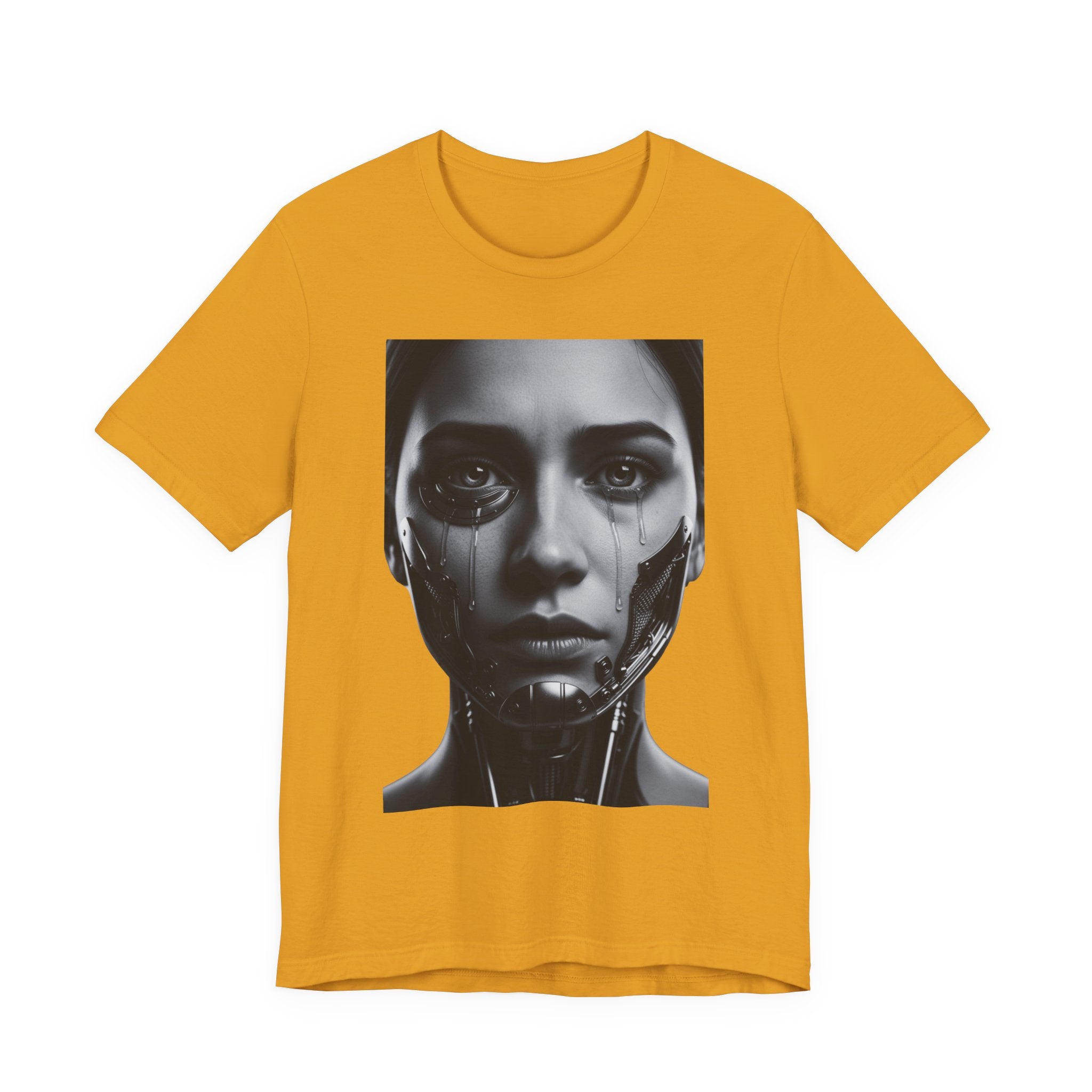 Cybernetic Woman Portrait Tee — Futuristic Black & White Sci‑Fi Face Graphic T-Shirt