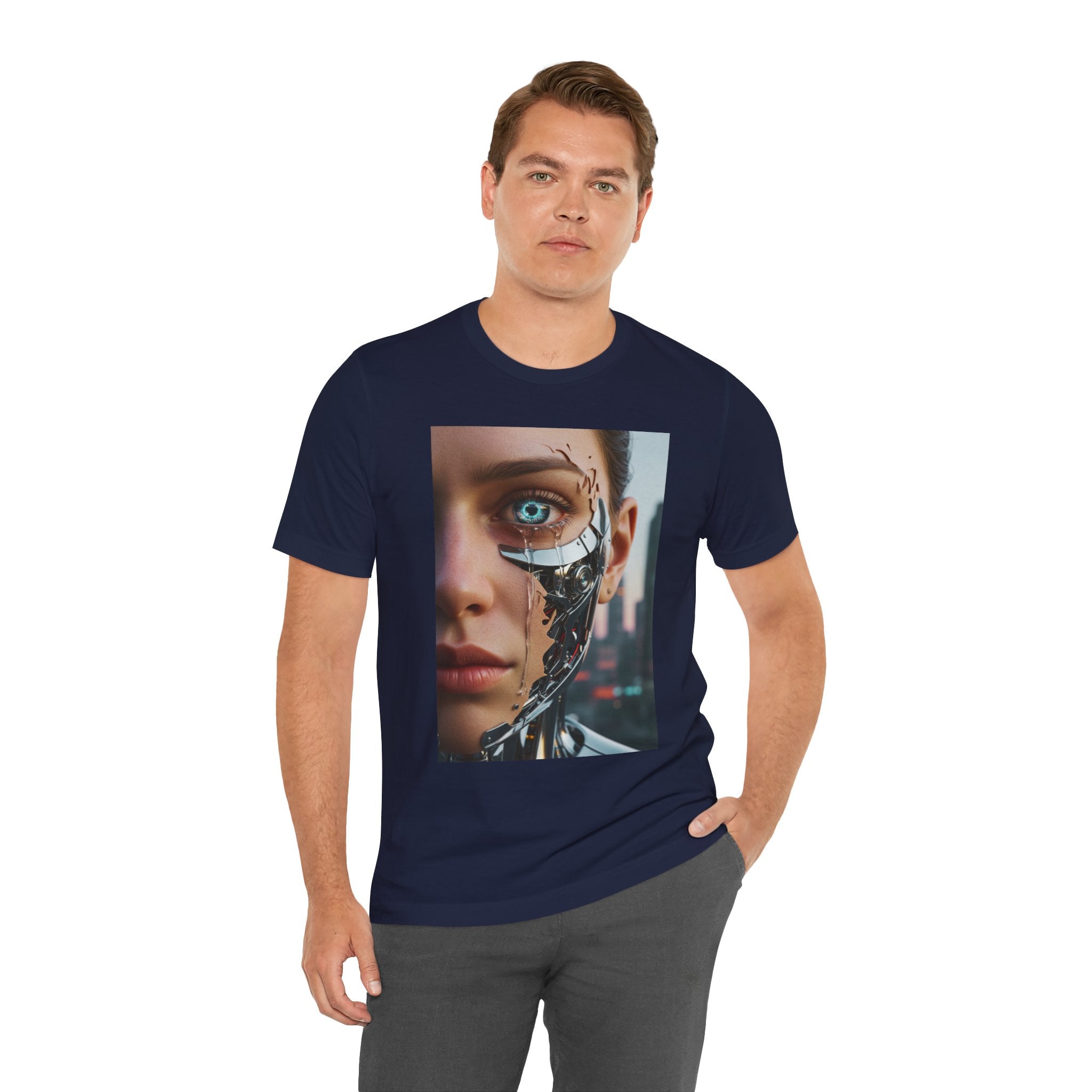 Cyborg Portrait T‑Shirt — Futuristic Android Face Graphic Tee