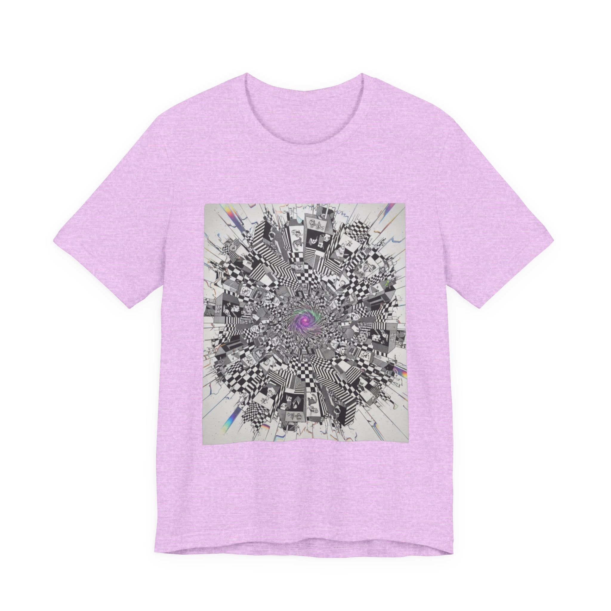 Psychedelic Cityscape Tee — Abstract Optical Art T‑Shirt with Purple Eye