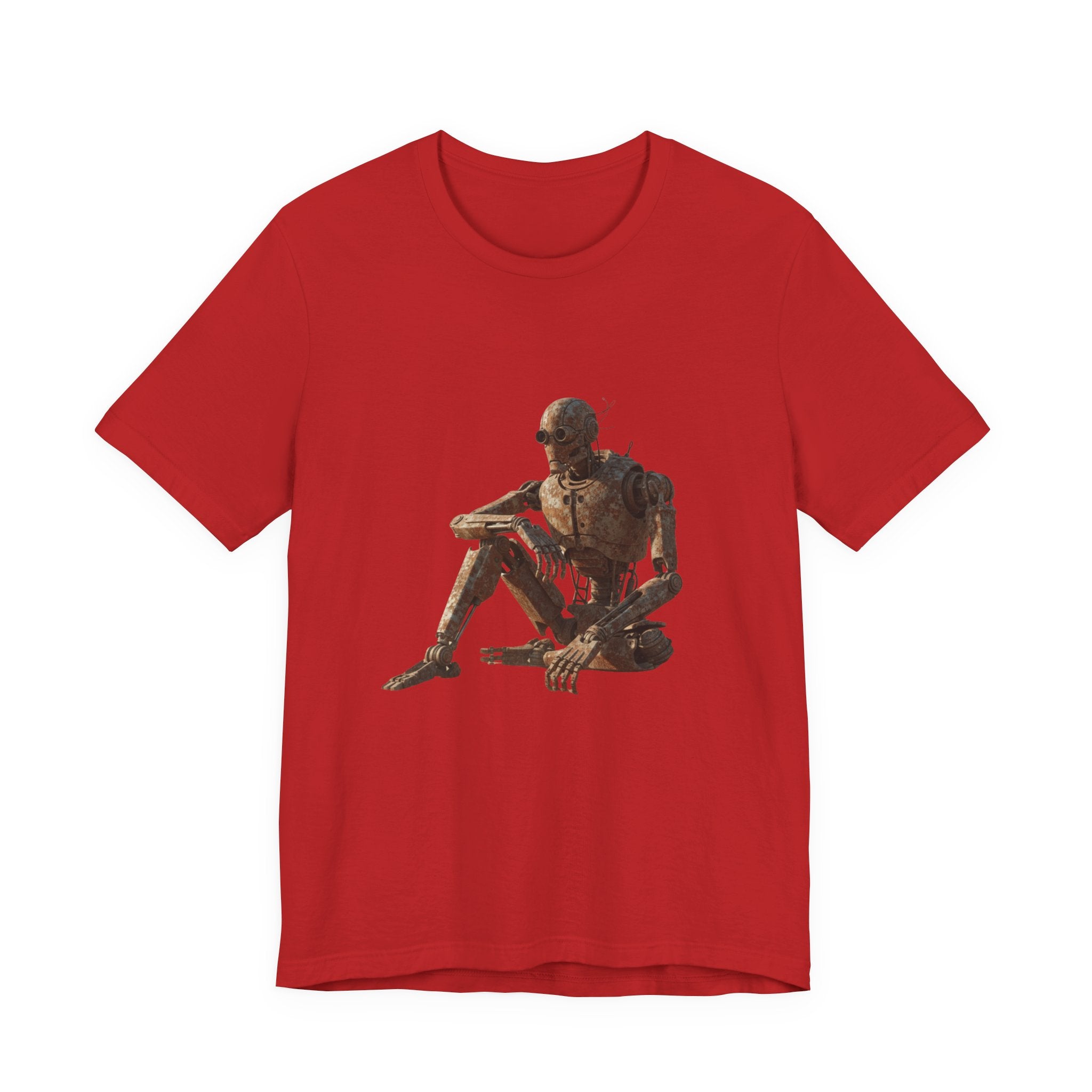 Rustic Robot Art Tee — Sitting Cyborg Graphic T-Shirt
