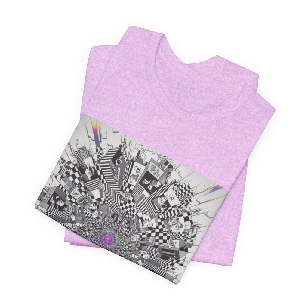 Psychedelic Cityscape Tee — Abstract Optical Art T‑Shirt with Purple Eye