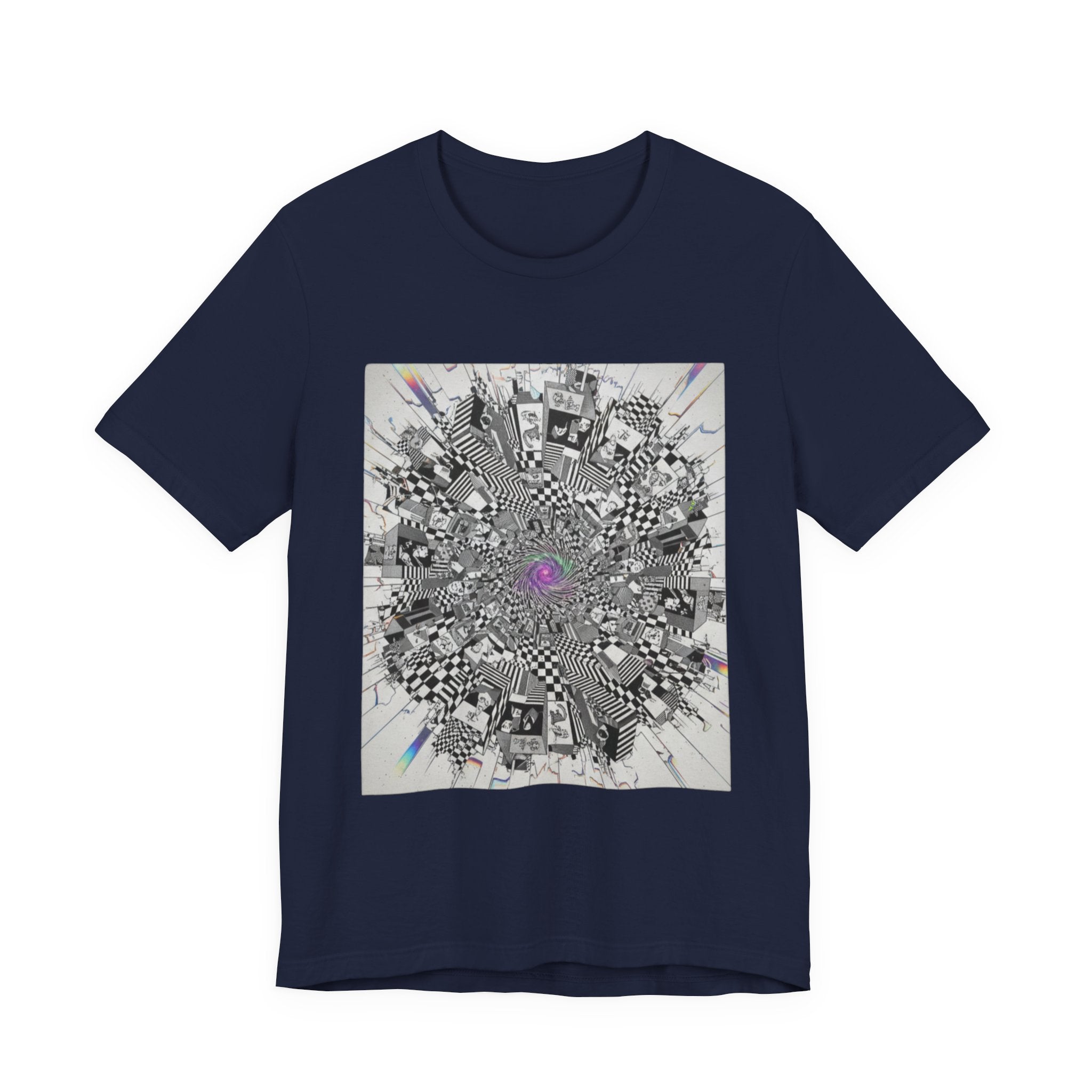 Psychedelic Cityscape Tee — Abstract Optical Art T‑Shirt with Purple Eye