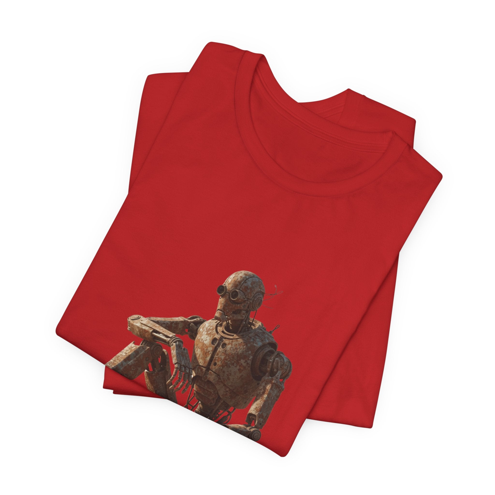 Rustic Robot Art Tee — Sitting Cyborg Graphic T-Shirt