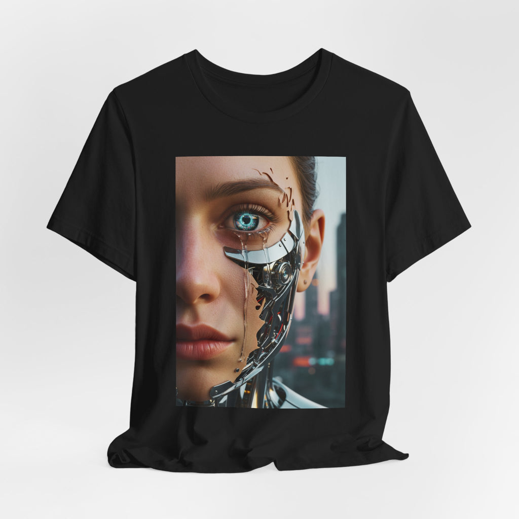 Cyborg Portrait T‑Shirt — Futuristic Android Face Graphic Tee